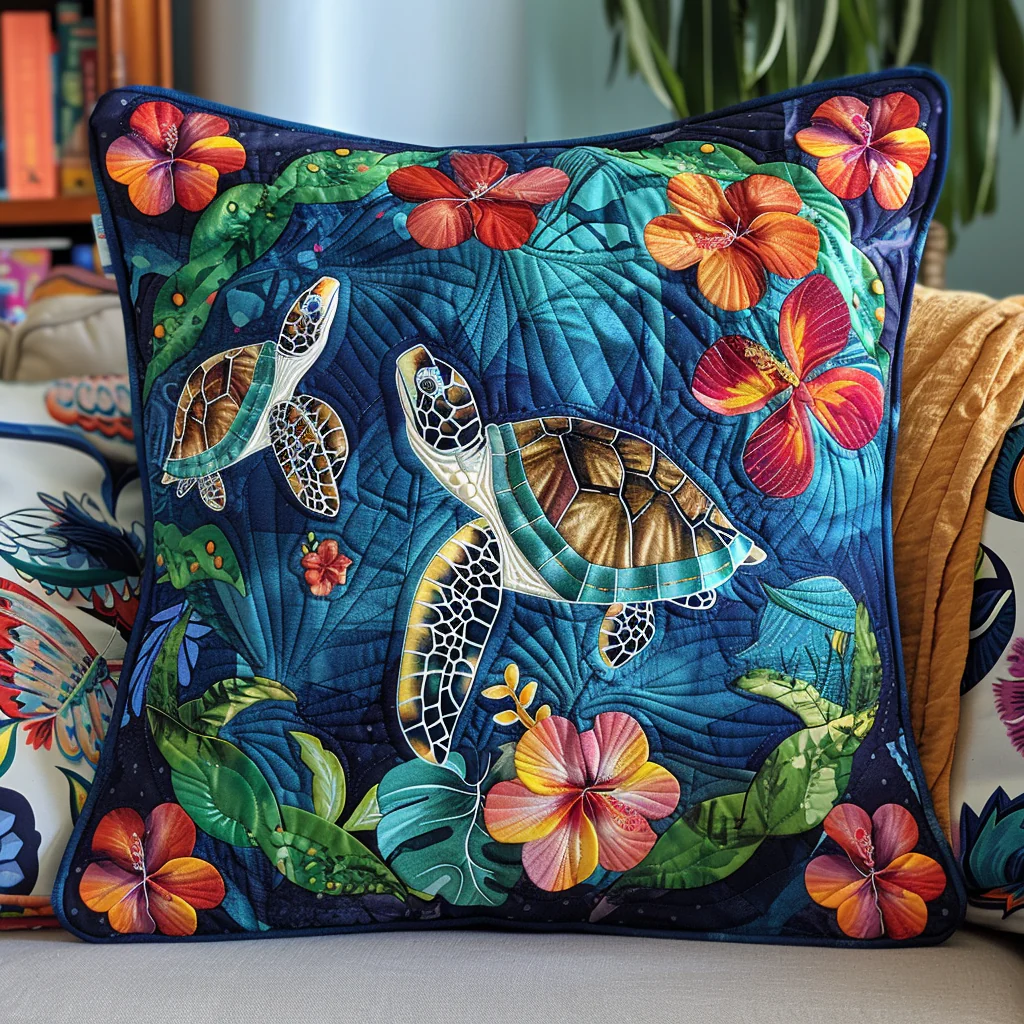 Coastal Bloom Sea Turtle Quilted Pillow Ocean Patchwork Cushion Housewarming Gift Idea