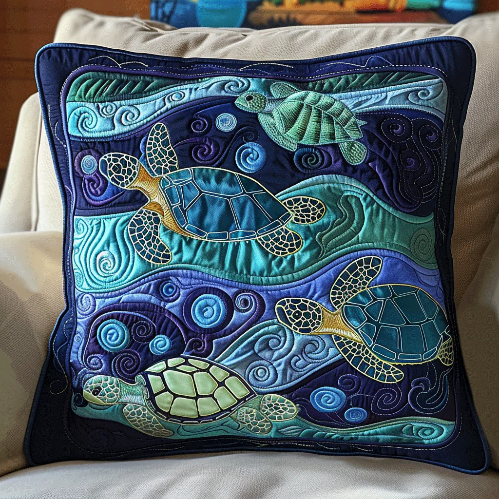 Coastal Calm Sea Turtle Quilted Pillow Ocean Wave Patchwork Cushion Perfect Home Decor Gift