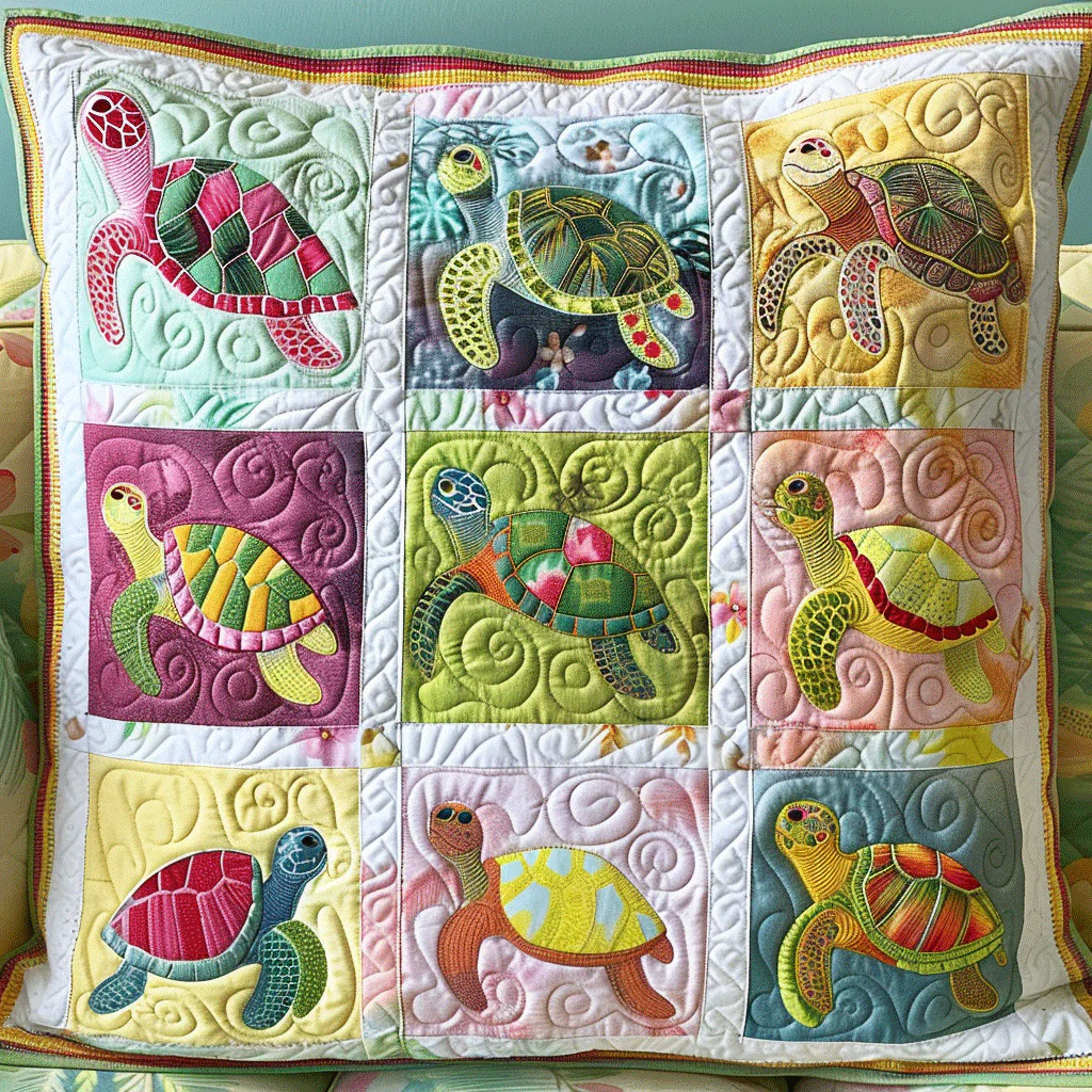 Coastal Dreams Quilted Pillow Colorful Sea Turtle Patchwork Cushion Housewarming Gift Idea