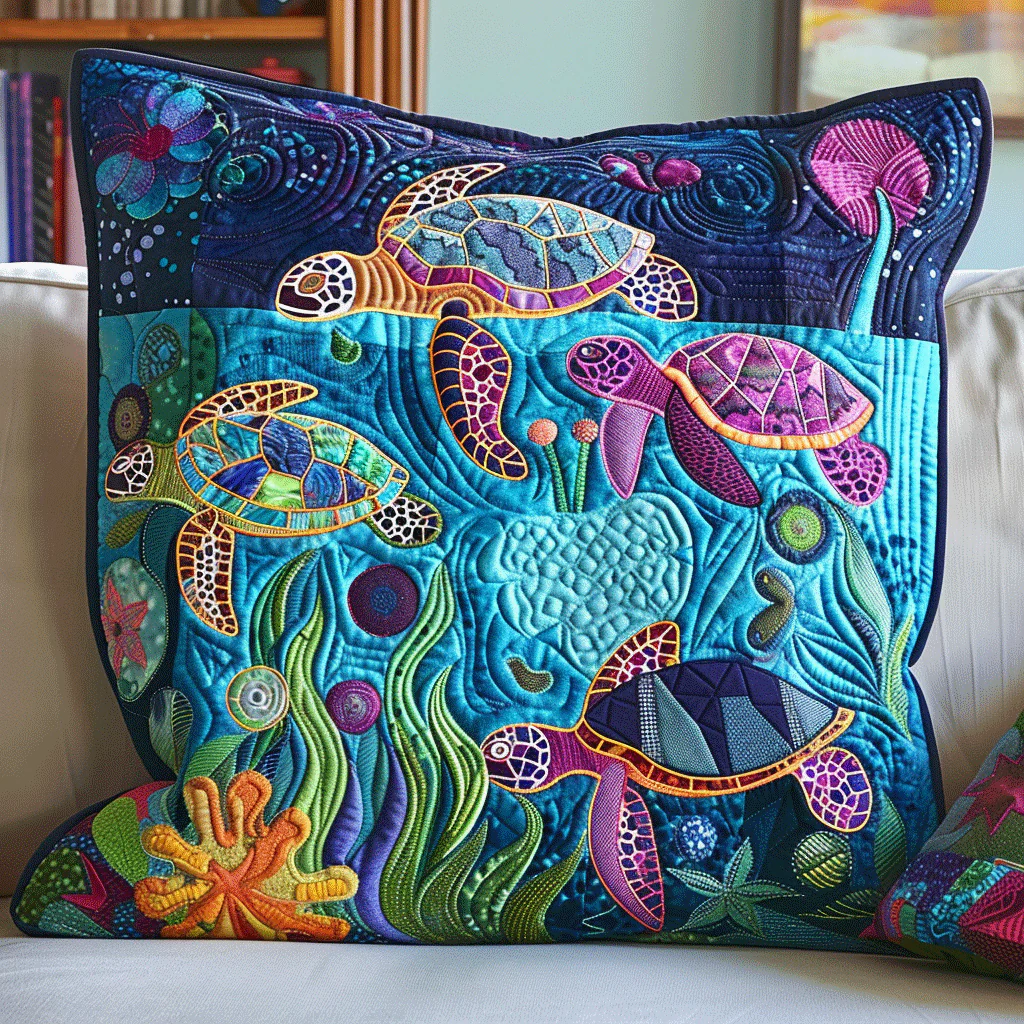 Coastal Drift Quilted Pillow Vibrant Sea Turtle Ocean Cushion Cute Room Decor Gift