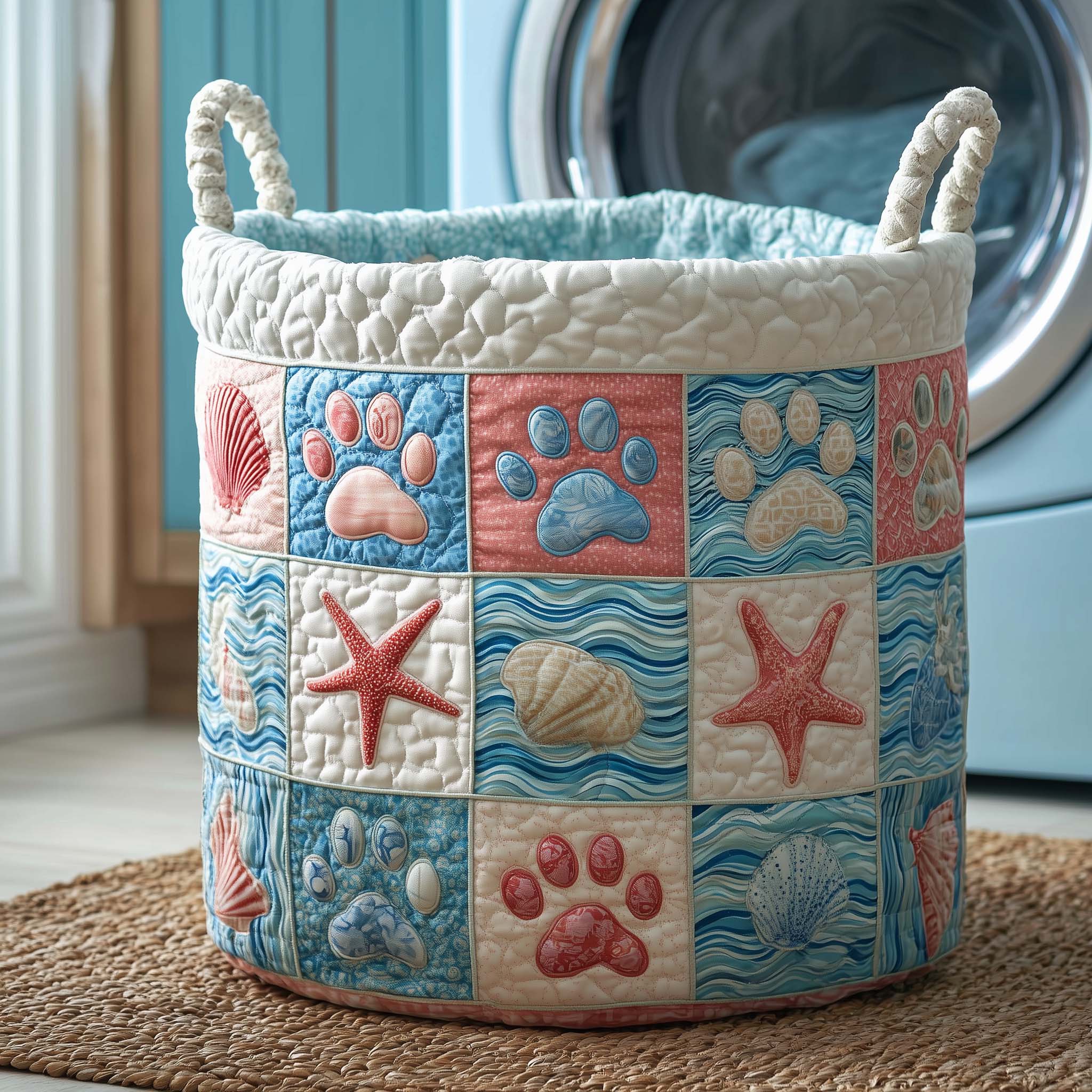 Coastal Paws Quilted Laundry Basket Cute Clothes Hamper Home Decor Gifts For Girl