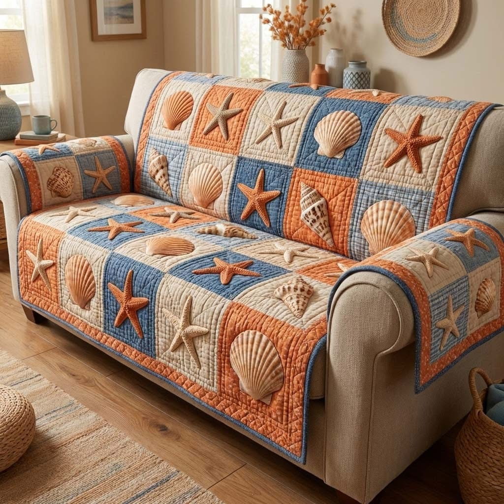 Coastal Starfish Quilted Sofa Cover Seashell Patchwork Couch Covers Beach Related Gifts