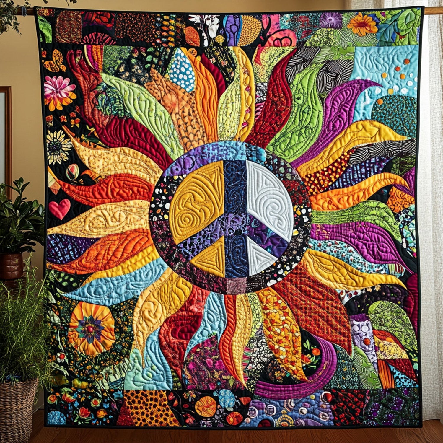 Color Burst Peace Quilted Blanket Cute Throw Blanket Birthday Presents For Hippies