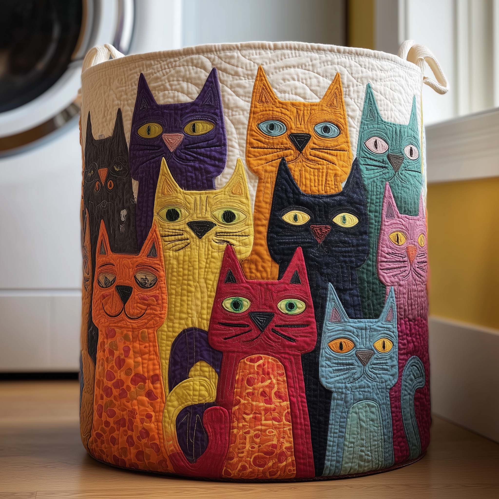 Colorful Cats Quilted Laundry Basket Whimsical Clothes Hamper Present Ideas For Cat Lovers