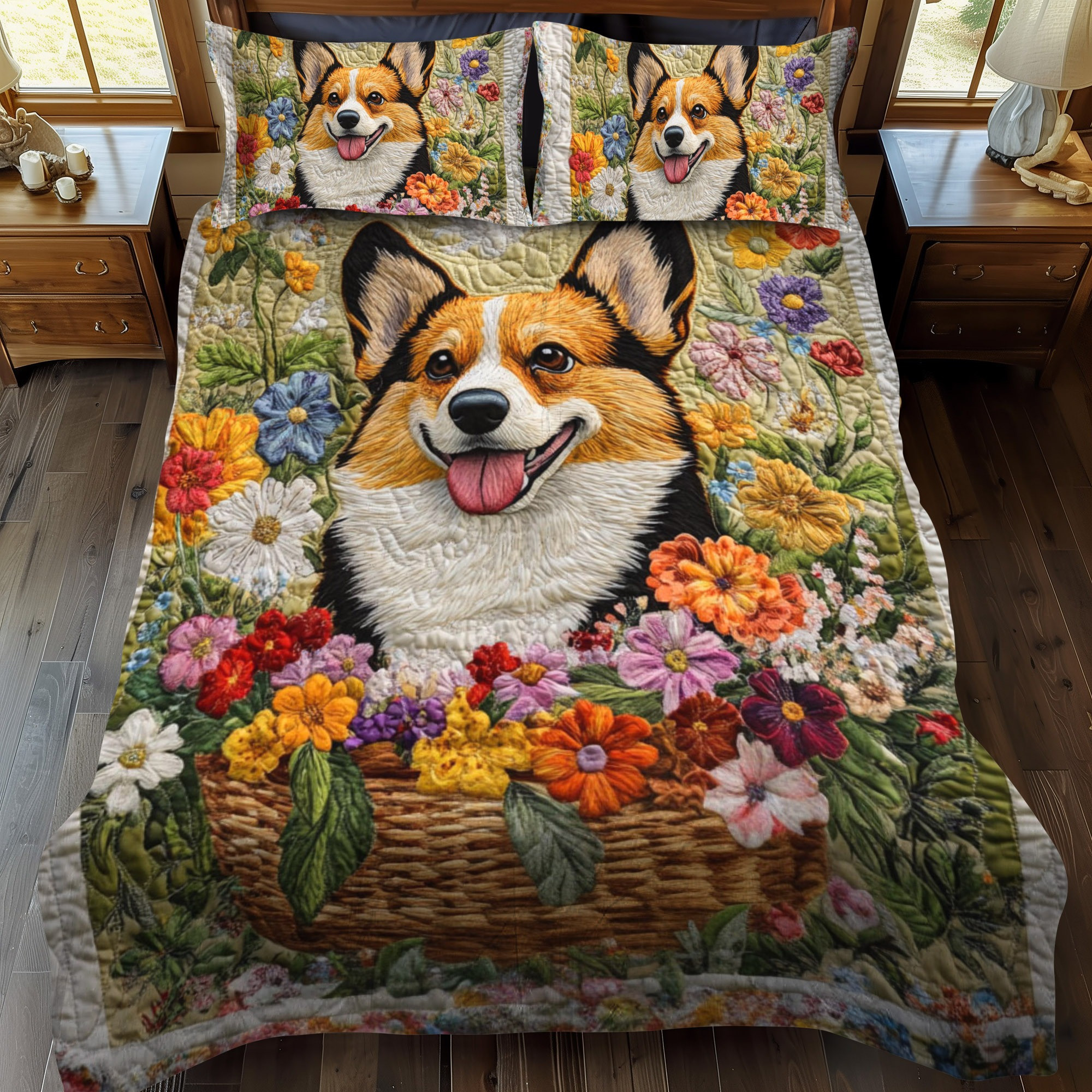 Corgi Flower Garden Quilted Bedding Set Cute Animal Bedspread Set Gifts For Corgi Lovers