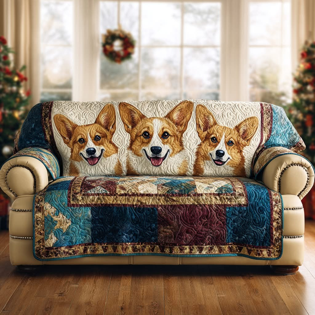 Corgi Trio Charm Quilted Sofa Cover Cute Pet Sofa Protector Cover Best Gifts For Corgi Lovers