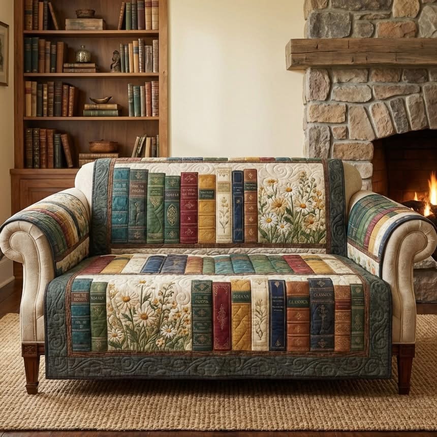 Cottage Library Quilted Sofa Cover Floral Sofa Protector Cover Gifts For Book Lovers