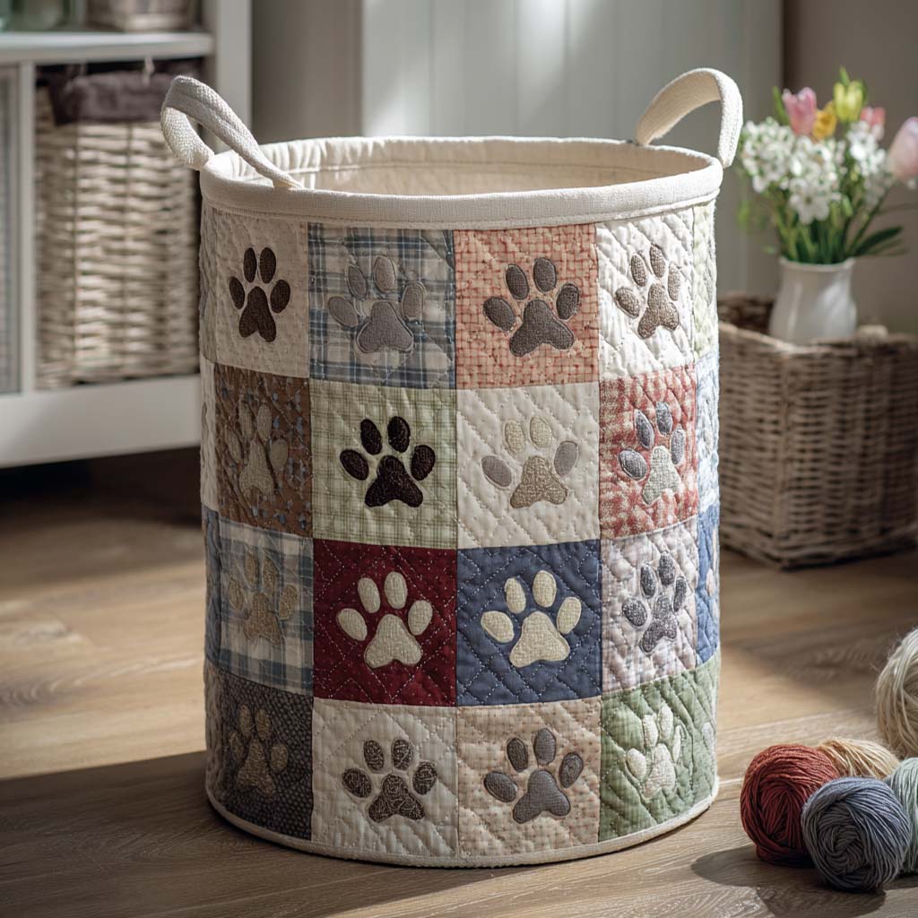 Cozy Cottage Paw Quilted Laundry Cute Dog Clothes Washing Daily Hamper Fabric Storage Bin