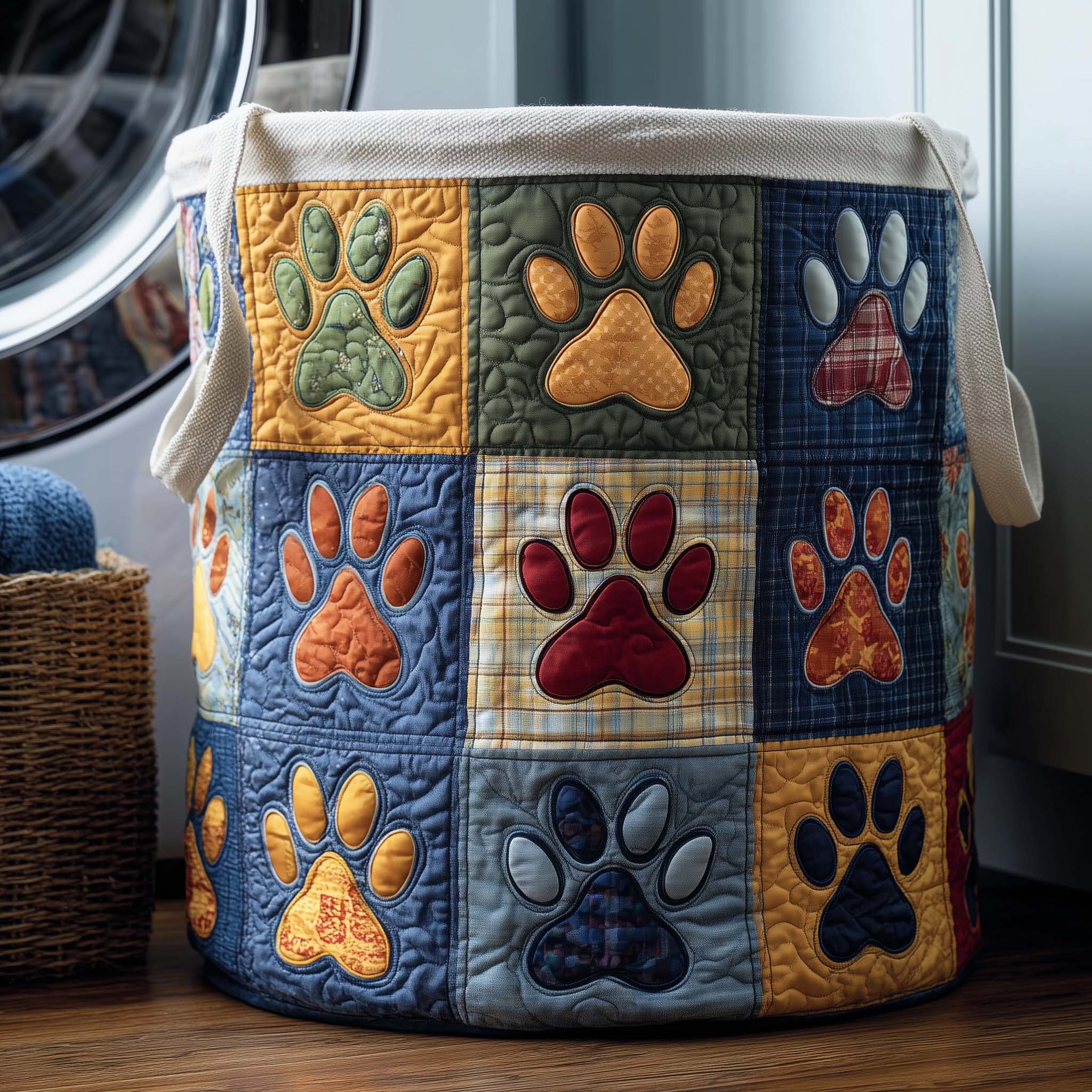 Cozy Paws Quilted Laundry Basket Patchwork Laundry Hamper Unique Gifts For Dog Lovers