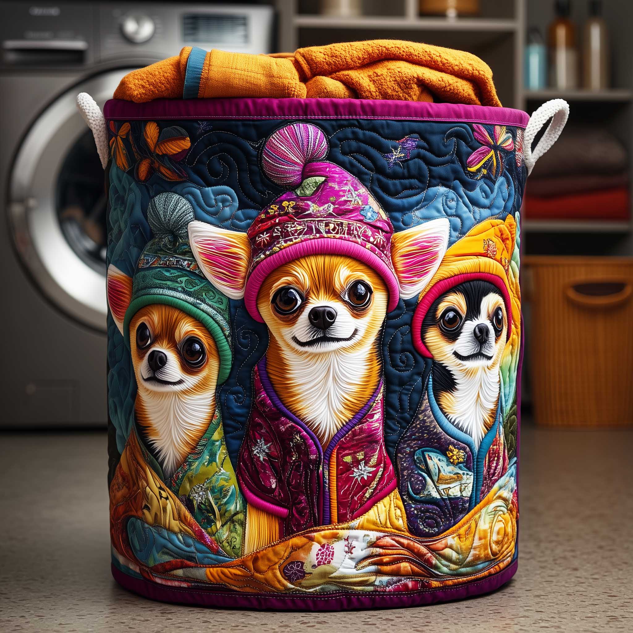 Cozy Winter Chihuahua Quilted Laundry Cute Dog Clothes Washing Hamper Fabric Storage Bin
