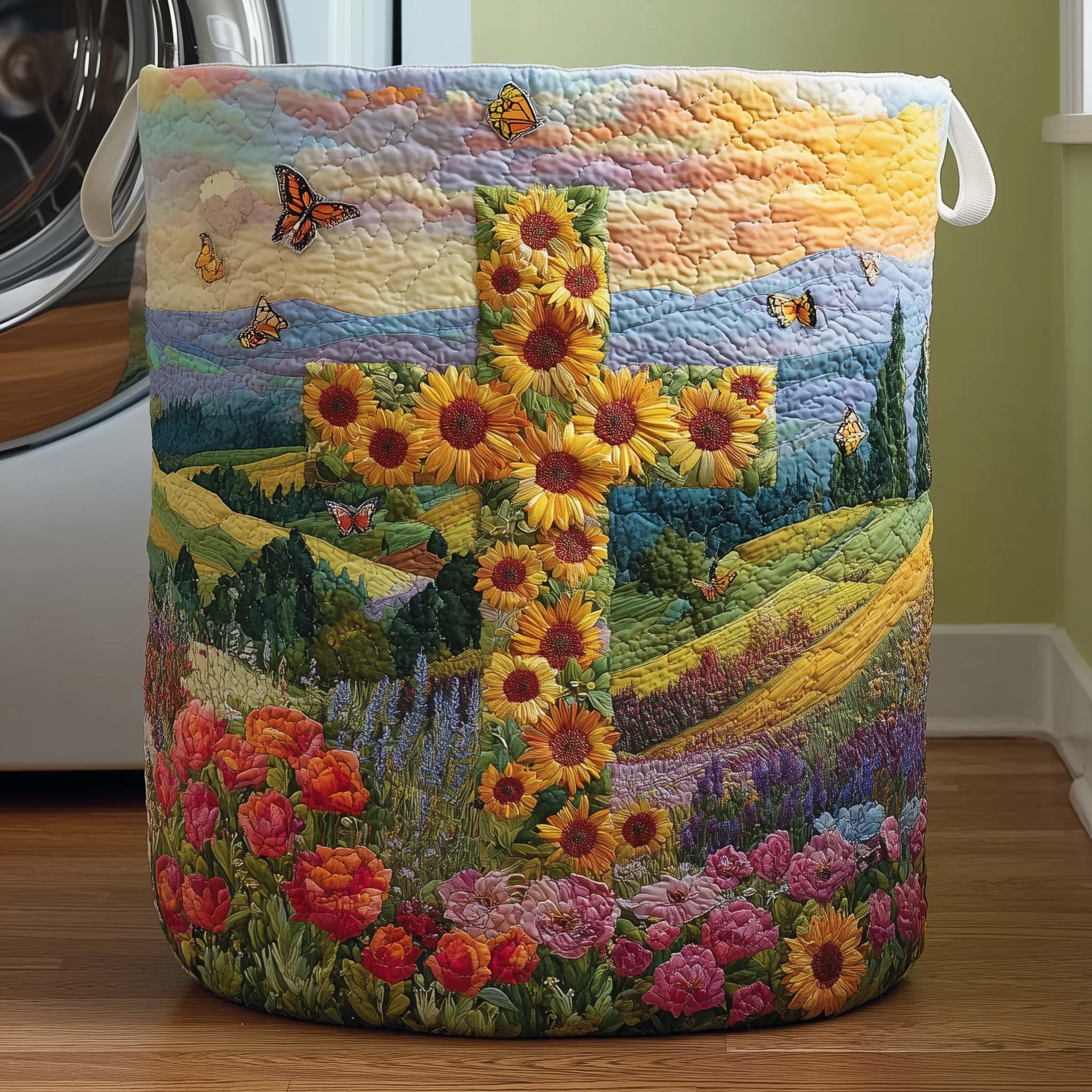 Cross Sunflower Quilted Laundry Basket Christian Laundry Hamper Easter Gifts For Family