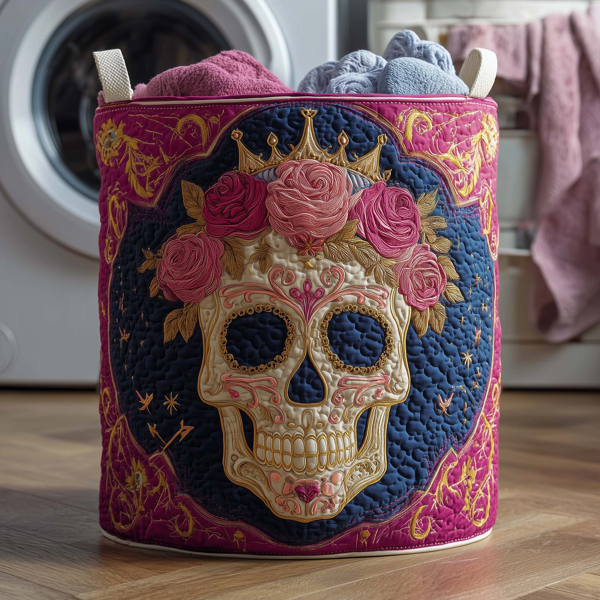 Crowned Skull Quilted Laundry Basket Day Of The Dead Laundry Hamper Gifts For Skull Lovers