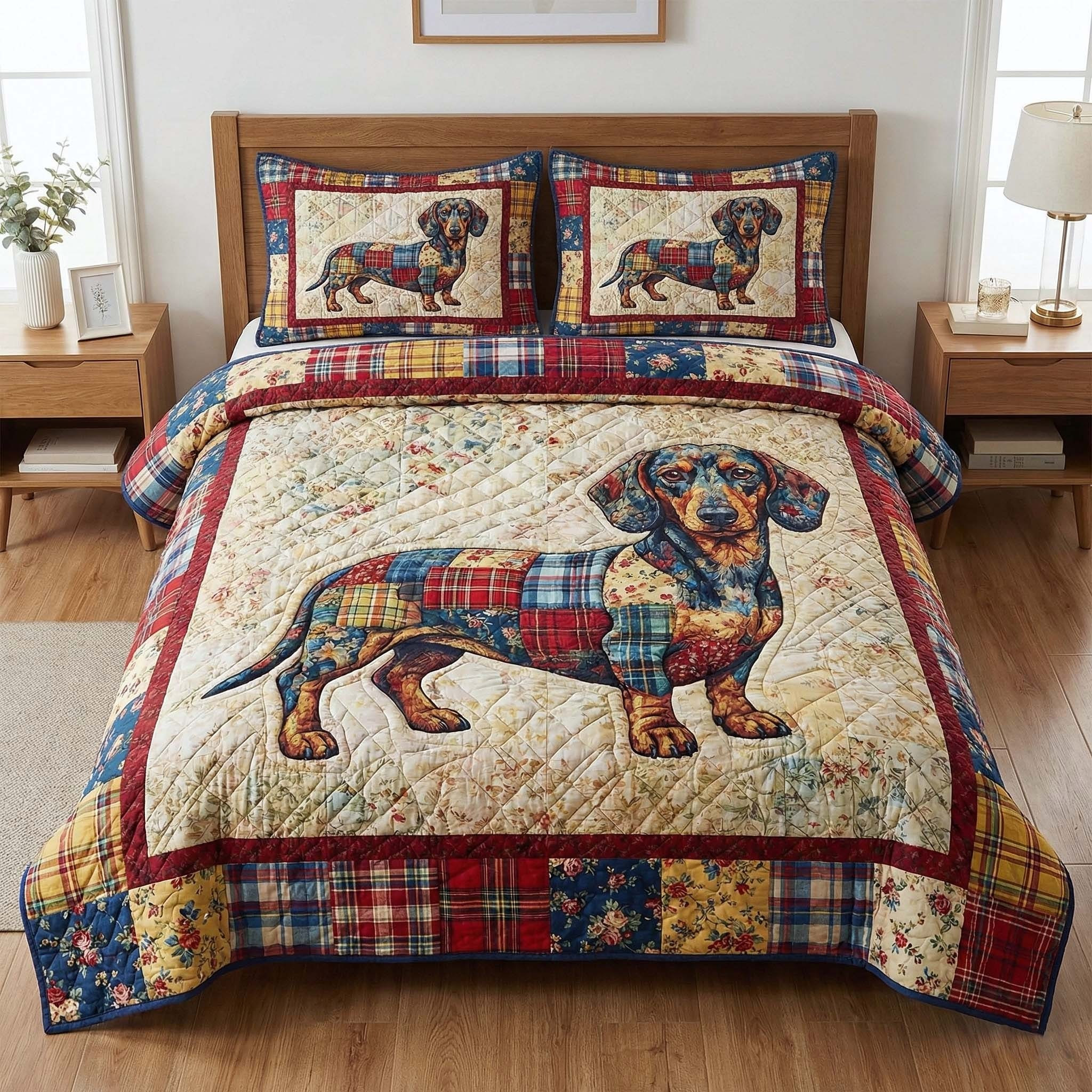 Dachshund Floral Quilted Bedding Cute Sausage Dog Duvet Cover Dachshund Themed Gift Items