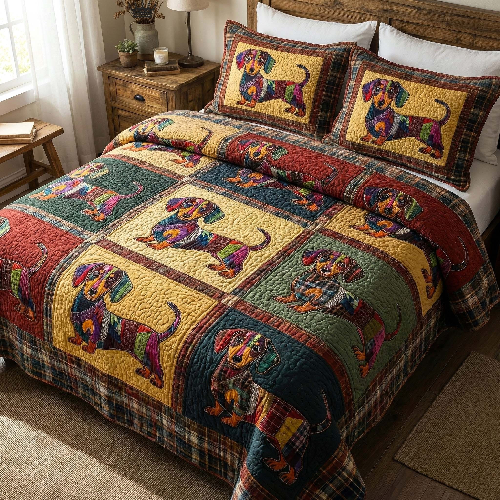 Dachshund Quilted Bedding Set Sausage Pup Duvet Cover Set Bedroom Decor Gifts For Dog Lovers