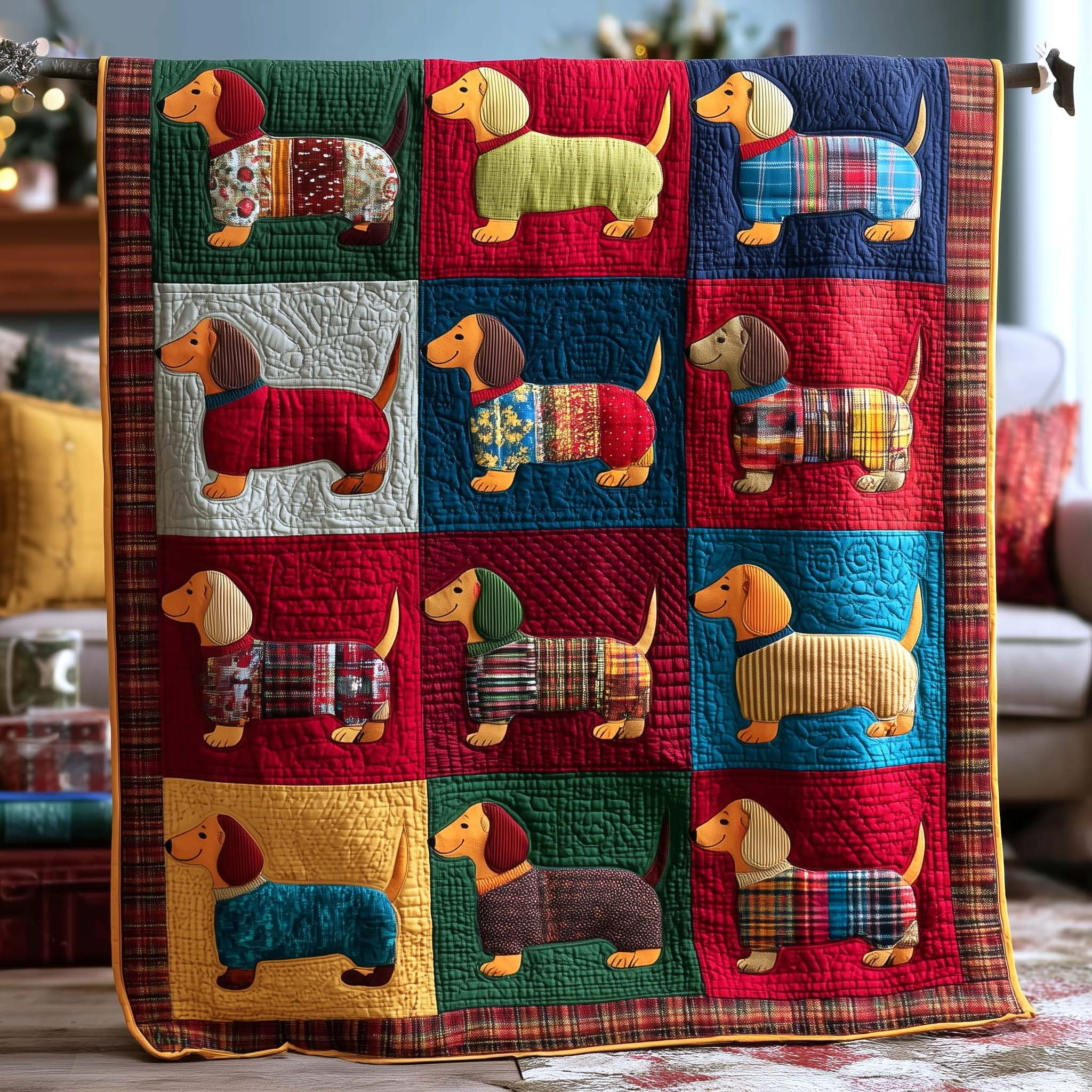 Dachshund Stretchy Friend Quilted Blanket Colorful Patchwork Throw Blanket Gifts For Dog Lovers
