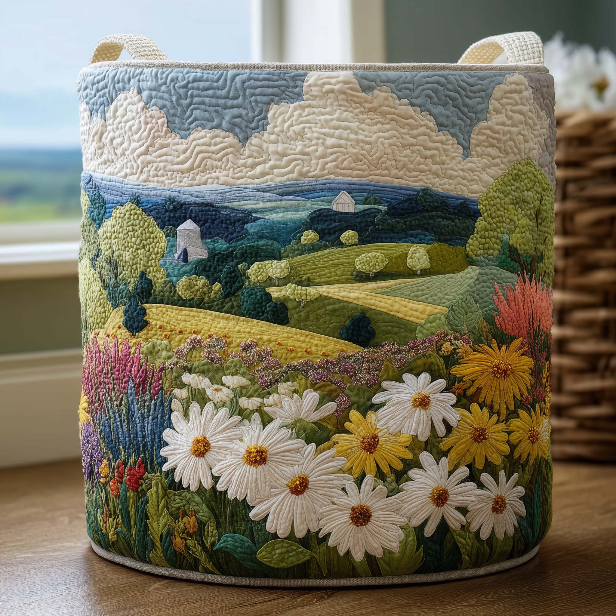 Daisy Meadow Quilted Laundry Basket Countryside Landscape Laundry Hamper Laundry Room Decor