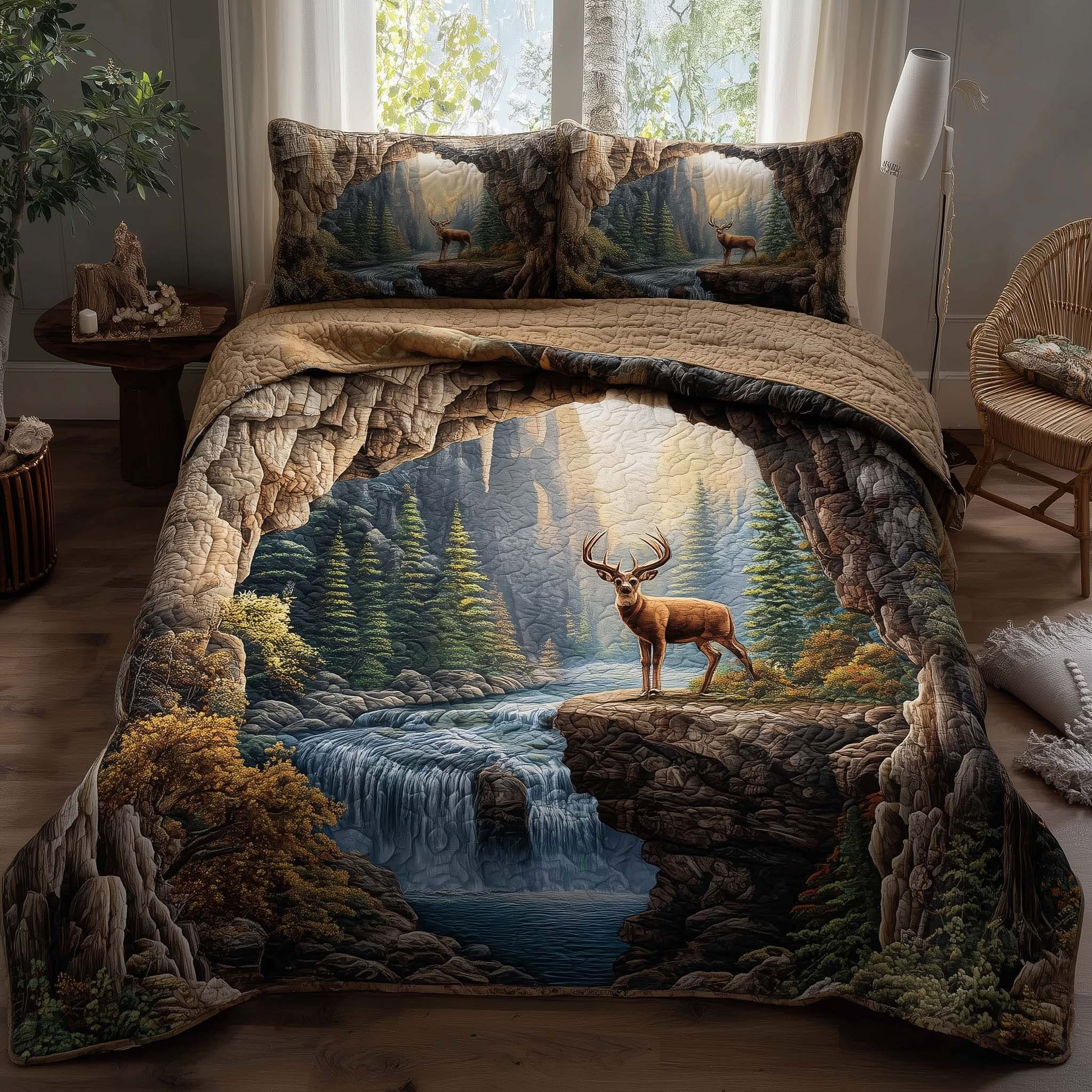 Deer Forest Grace Quilted Bedding Set Deer Themed Duvet Cover Merch Gift Items For Deer Hunter