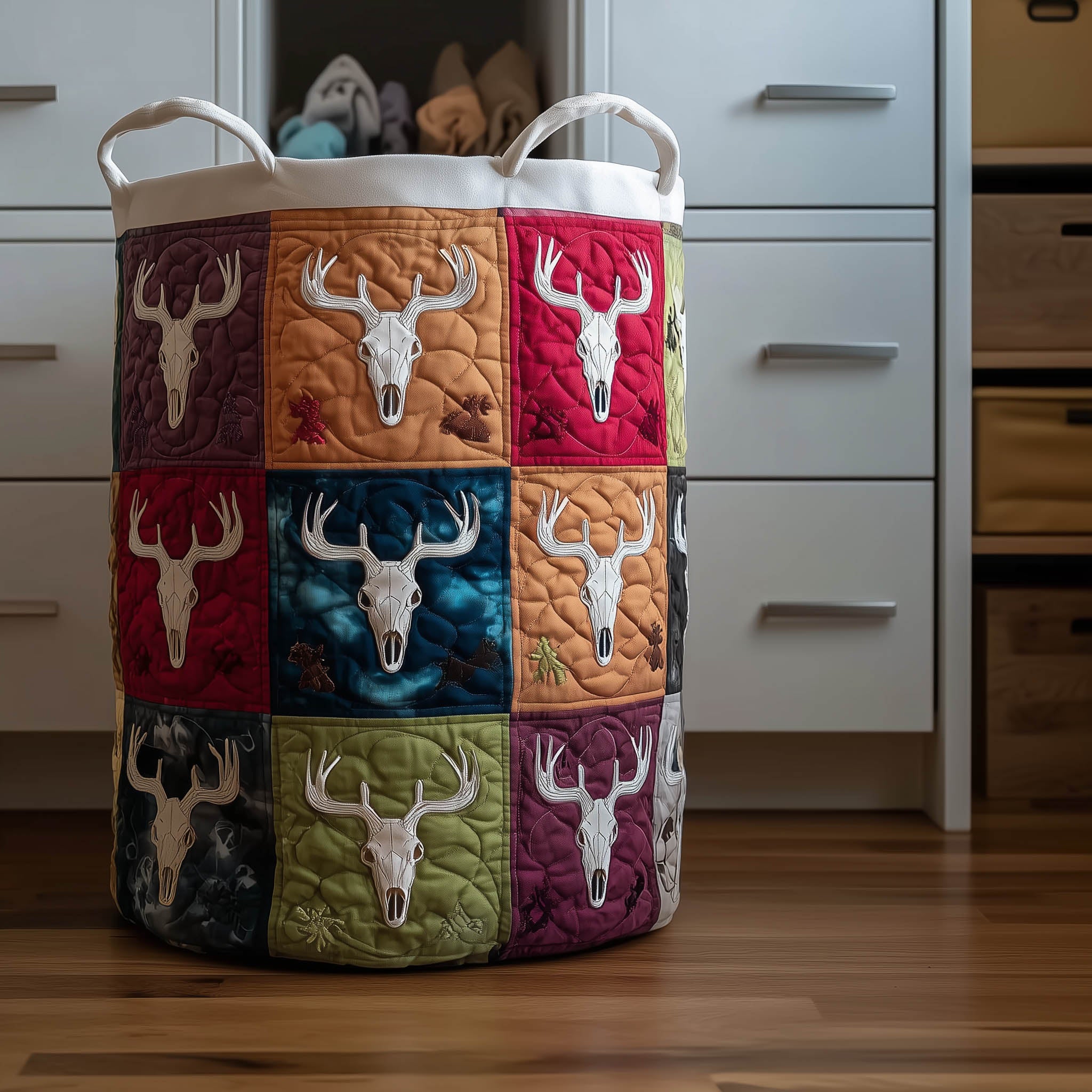 Deer Skull Quilted Laundry Basket Western Themed Clothes Hamper Gifts For Deer Hunter
