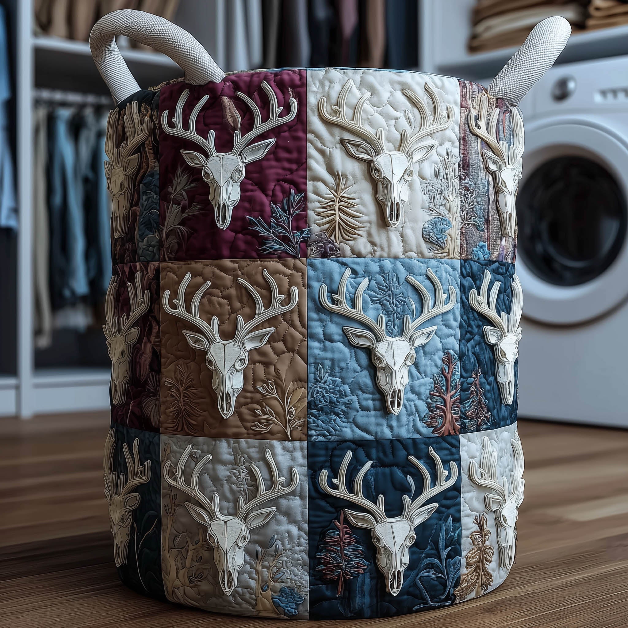 Deer Skull Quilted Laundry Basket Western Themed Hamper Basket Present For Deer Hunter