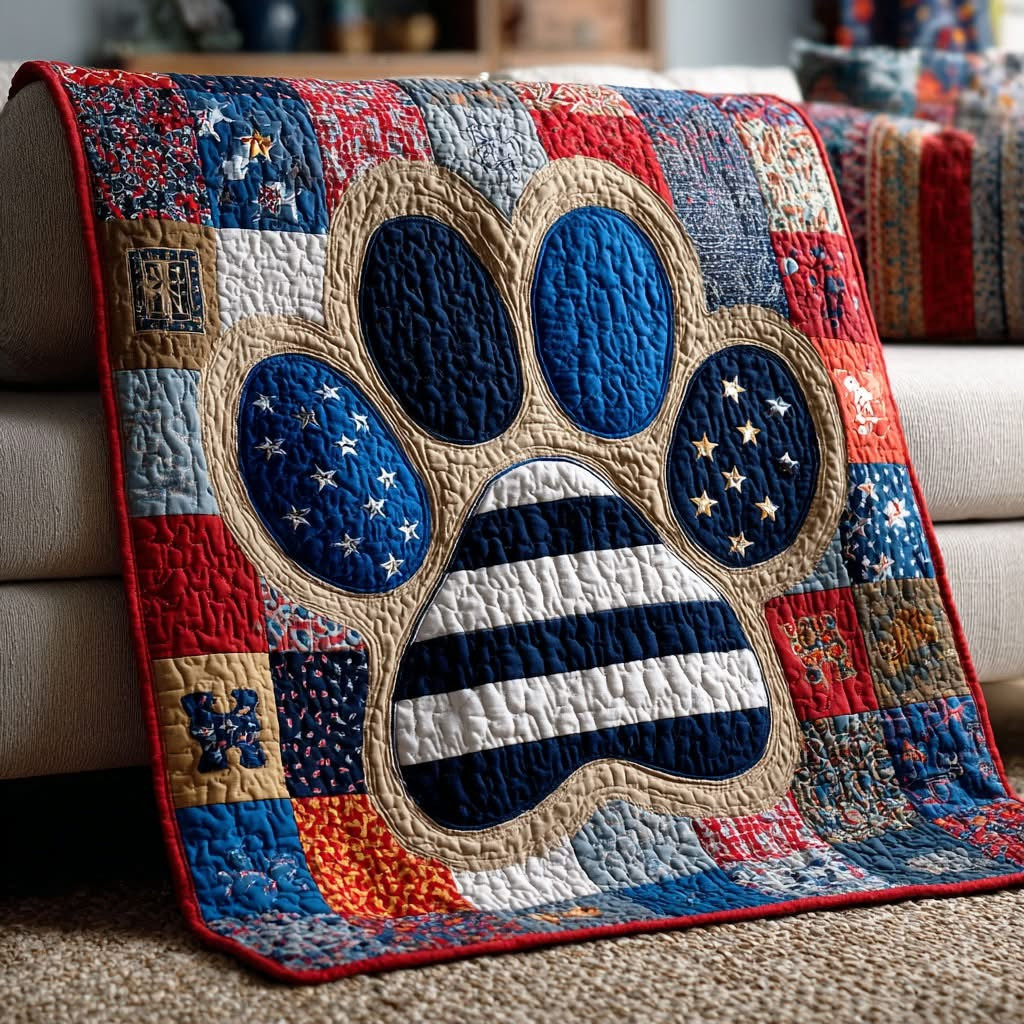 Dog Paw Patchwork Quilted Blanket Patriotic Throw Blanket 4th Of July Gifts For Dog Lovers