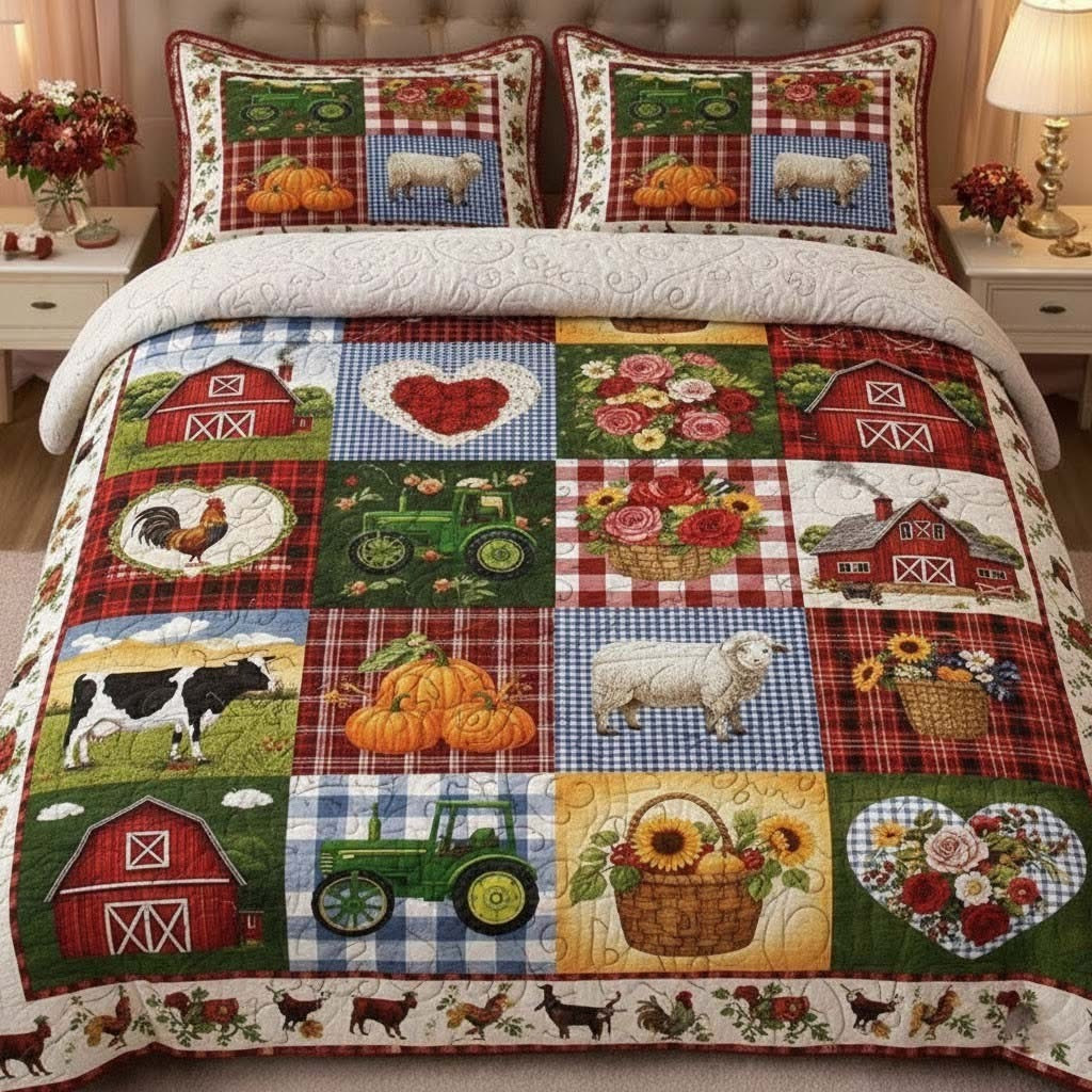 Down On The Farm Patchwork Quilted Bedding Set Farmhouse Bedspread Set Valentine Day Bed Decor