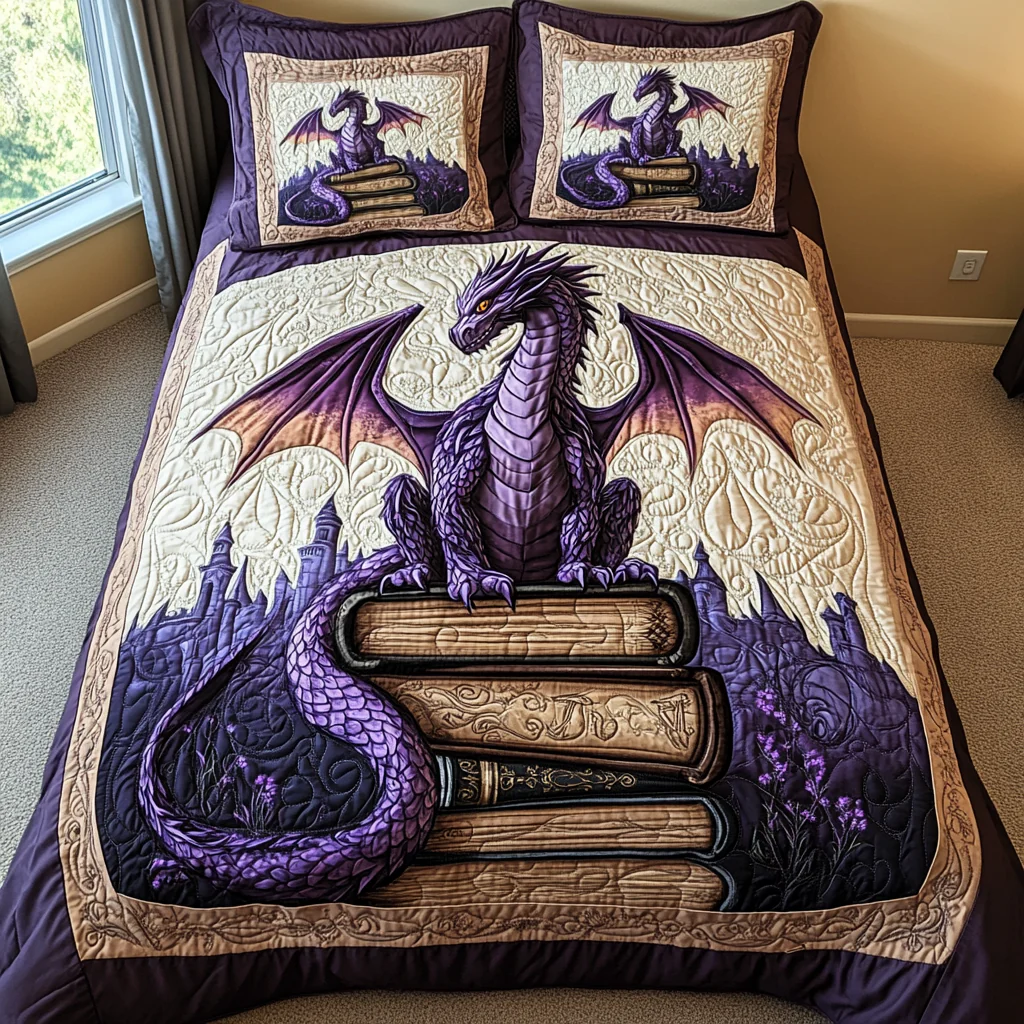 Dragon Ancient Watcher Quilted Bedding Set Mythical Bed Sheet Set Dragon Lovers Gifts
