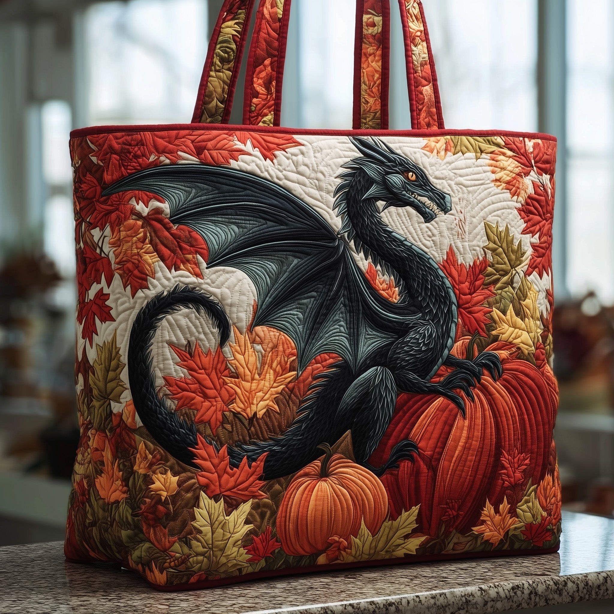 Dragon Quilted Tote Bag Autumn Themed Shoulder Bag For Women Gifts For Dragon Lovers