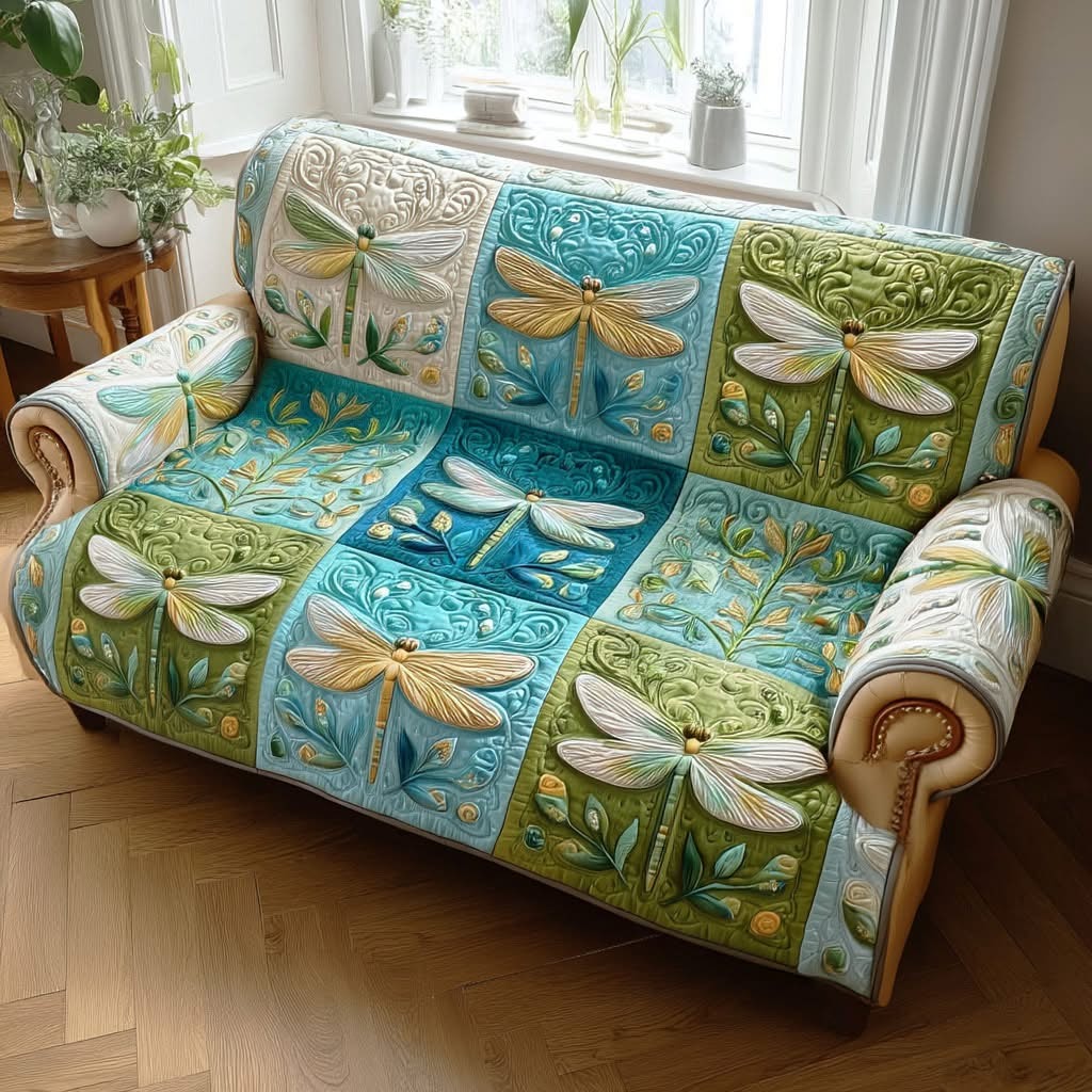Dragonfly Bloom Quilted Sofa Cover Patchwork Couch Covers Best Gifts For Dragonfly Lovers