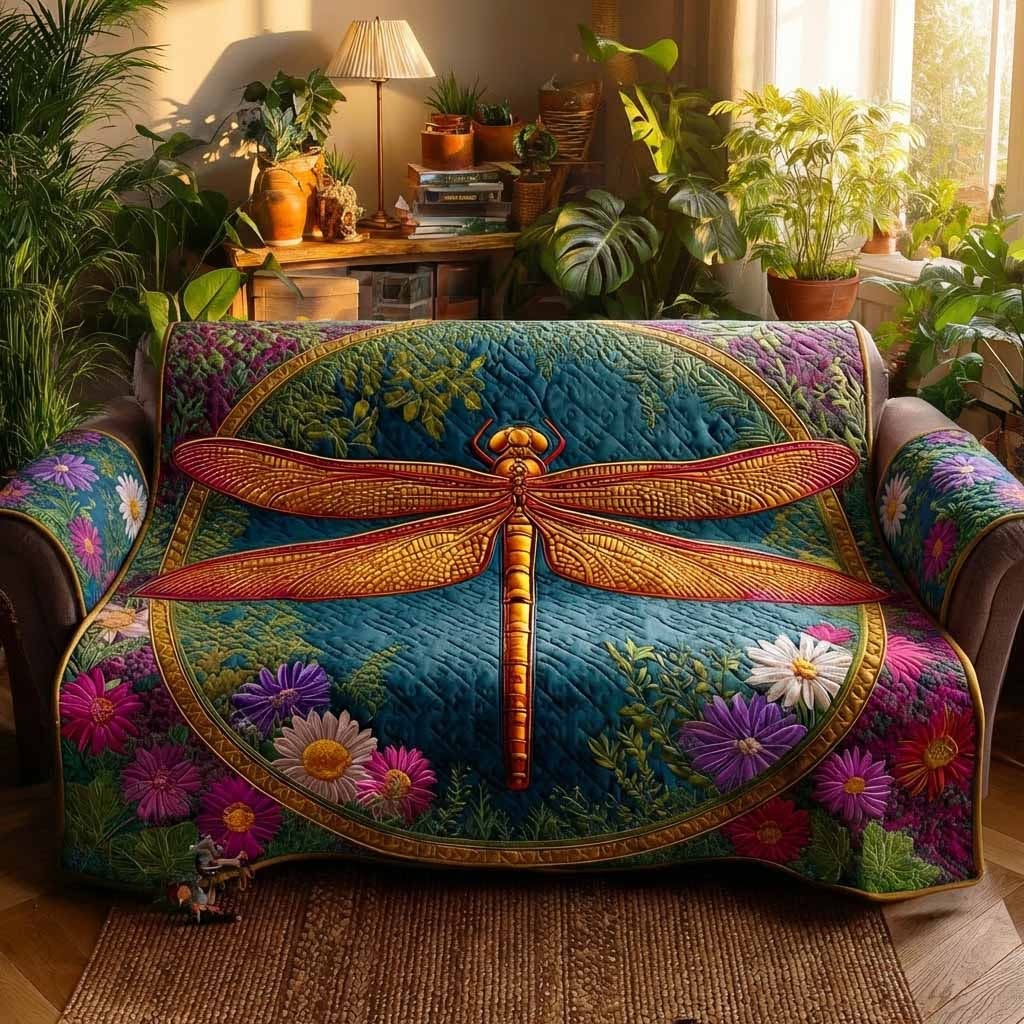 Dragonfly Emerald Quilted Sofa Cover Vibrant Couch Covers Present For Dragonfly Lovers