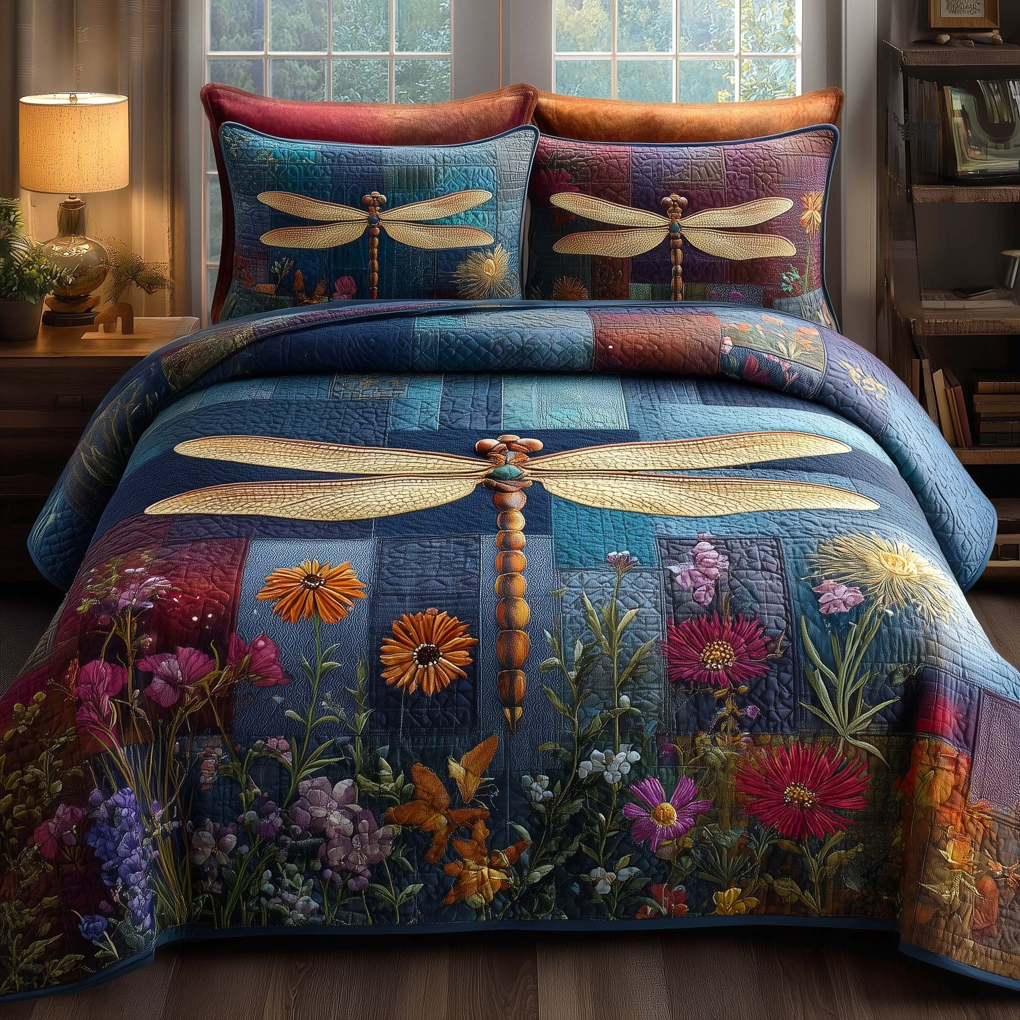 Dragonfly Iridescent Glide Quilted Bedding Set Floral Duvet Cover Set Dragonfly Lover Gifts
