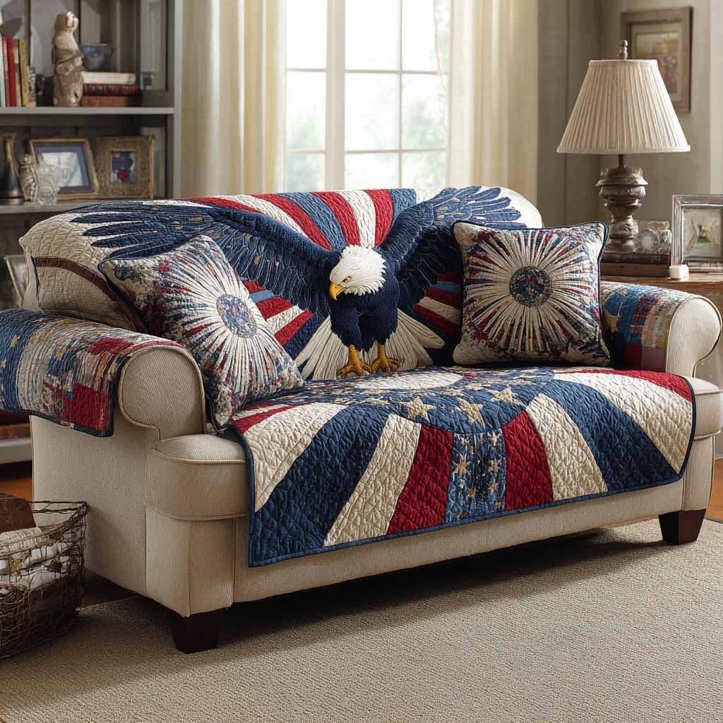 Eagle Brave Horizon Quilted Sofa Cover Patriotic Couch Covers Gifts For 4th Of July