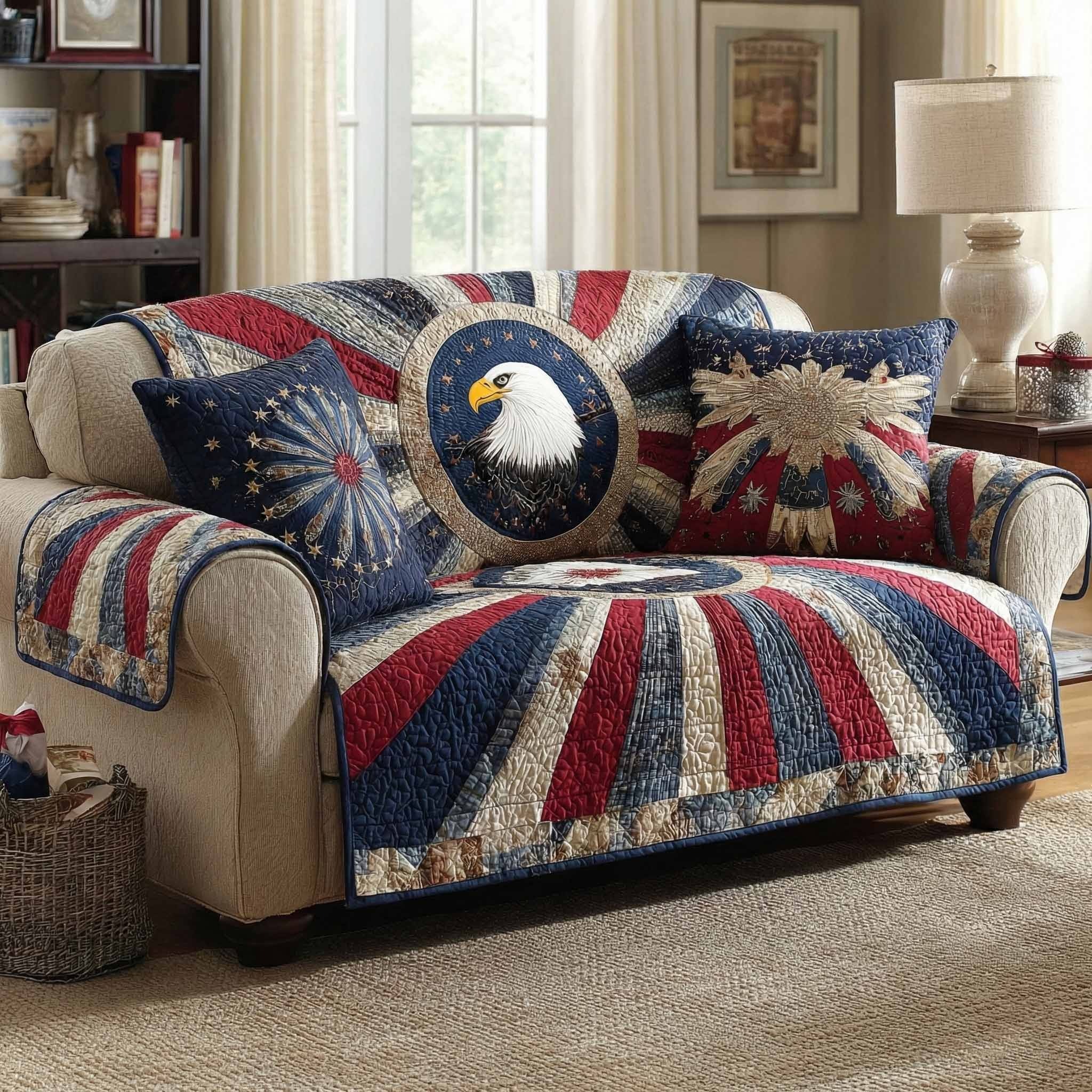 Eagle Union Glory Quilted Sofa Cover Independence Day Couch Covers Patriotic Gifts