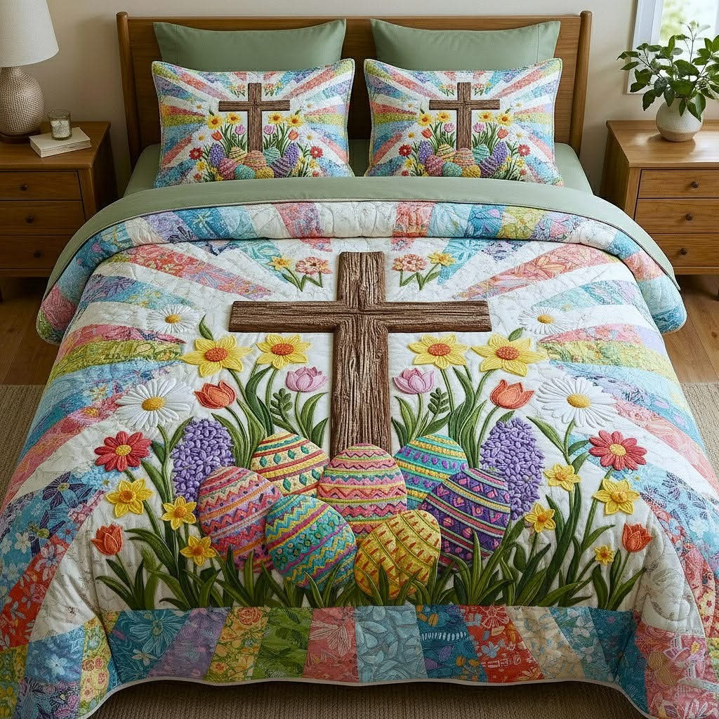 Easter Faithful Sunrise Quilted Bedding Set Christian Cross Egg Easter Bed Sheet Set Gifts