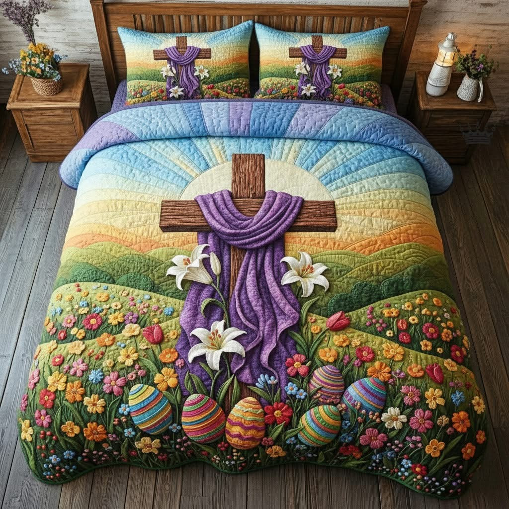 Easter Faithful Sunrise Quilted Bedding Set Holy Cross Egg Easter Bed Sheet Set Christian Gifts