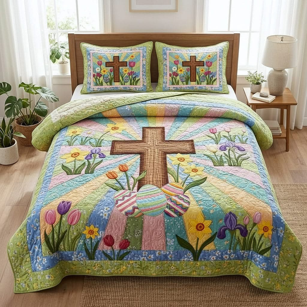Easter Holy Cross Quilted Bedding Set Floral Pastel Colorful Bedspread Set Christian Gifts