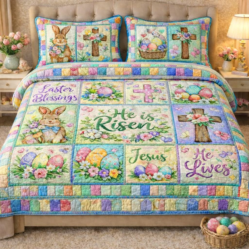 Easter Patchwork Quilted Bedding Set Cute Christian Bed Decor Faith Based Easter Gifts