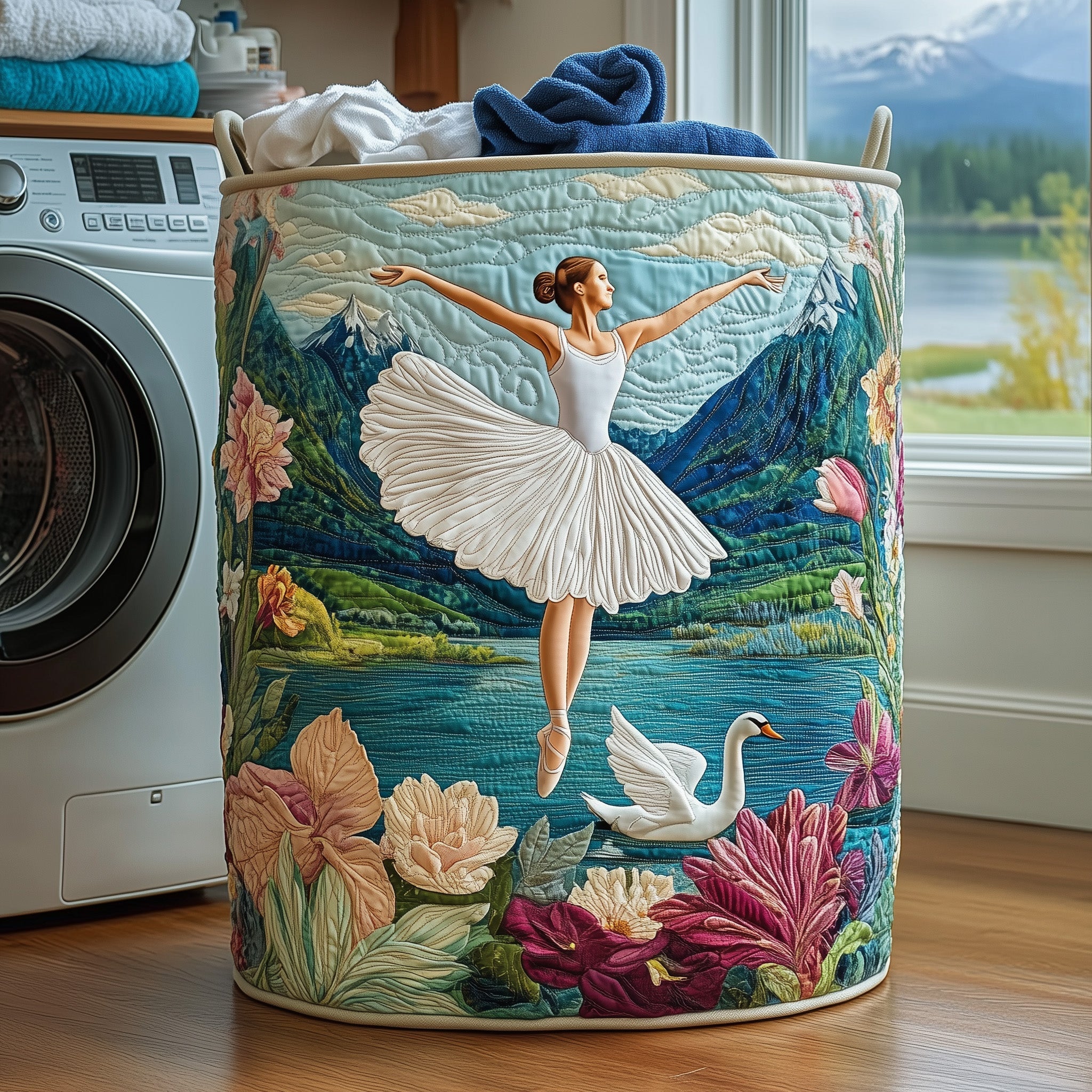 Elegant Ballerina Quilted Laundry Basket Swan Lake Landscape Laundry Hamper Gifts For Her