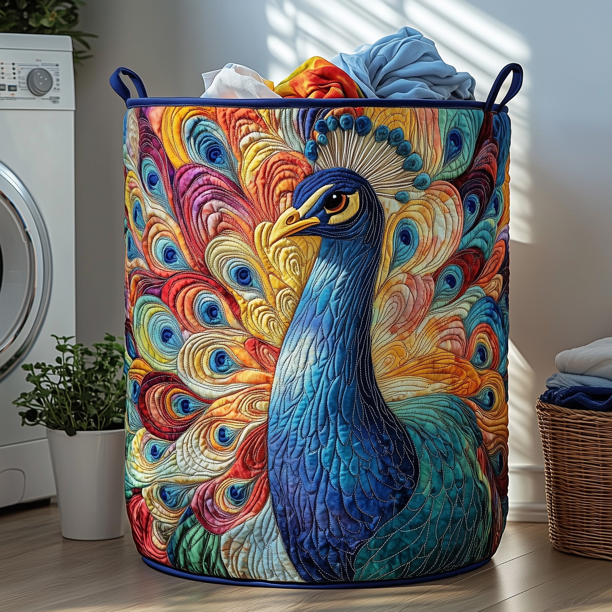 Elegant Peacock Quilted Laundry Basket Colorful Hamper Basket Unique Peacock Themed Gifts