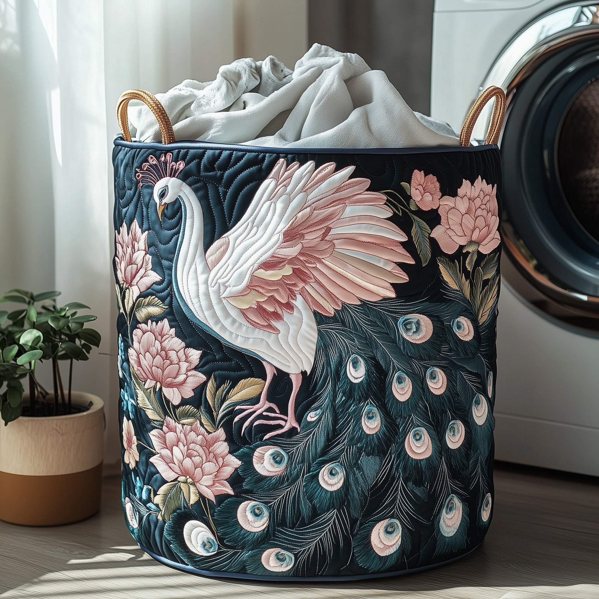 Elegant Peacock Quilted Laundry Basket Cute Laundry Hamper Peacock Merchandise Gifts