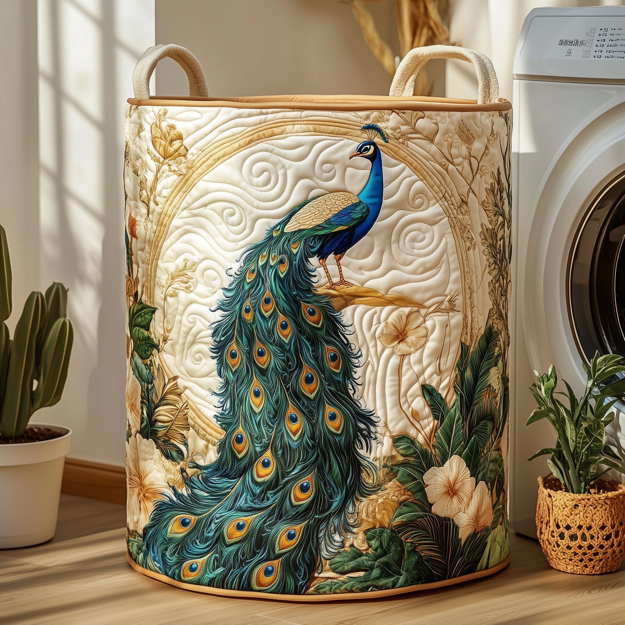 Elegant Peacock Quilted Laundry Basket Floral Clothes Hamper Gifts For Peacock Lover