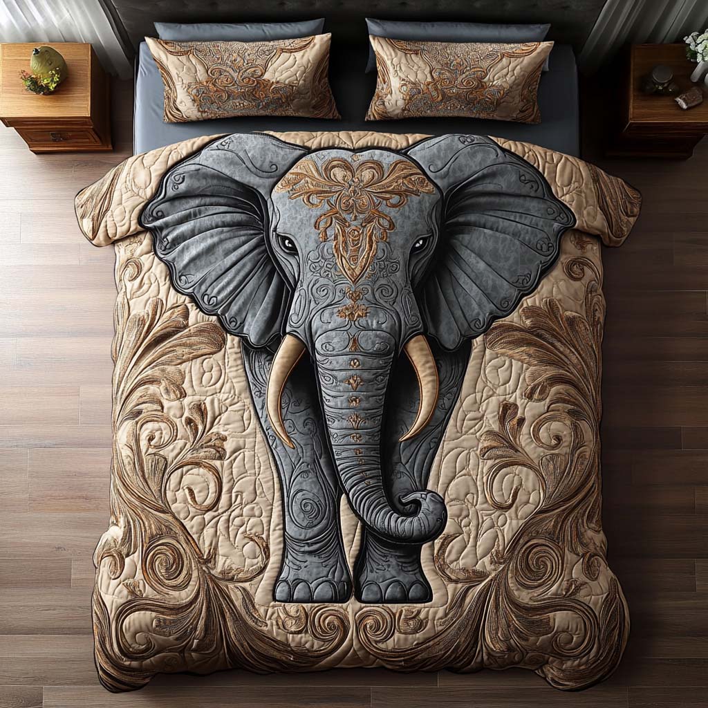 Elephant Blossom Quilted Bedding Set Xmas Holiday Duvet Cover Set Cool Gifts For Elephant Lovers