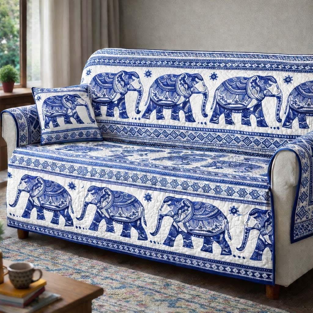 Elephant Blue Heritage Quilted Sofa Cover Best Couch Covers Gifts For Elephant Lovers