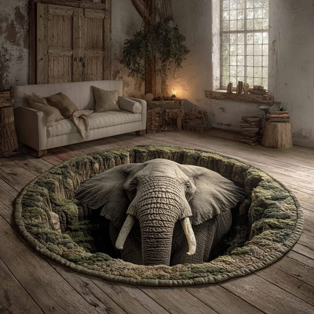 Elephant Canyon Quilted Round Mat Nature Themed Circle Rug Elephant Themed Gifts
