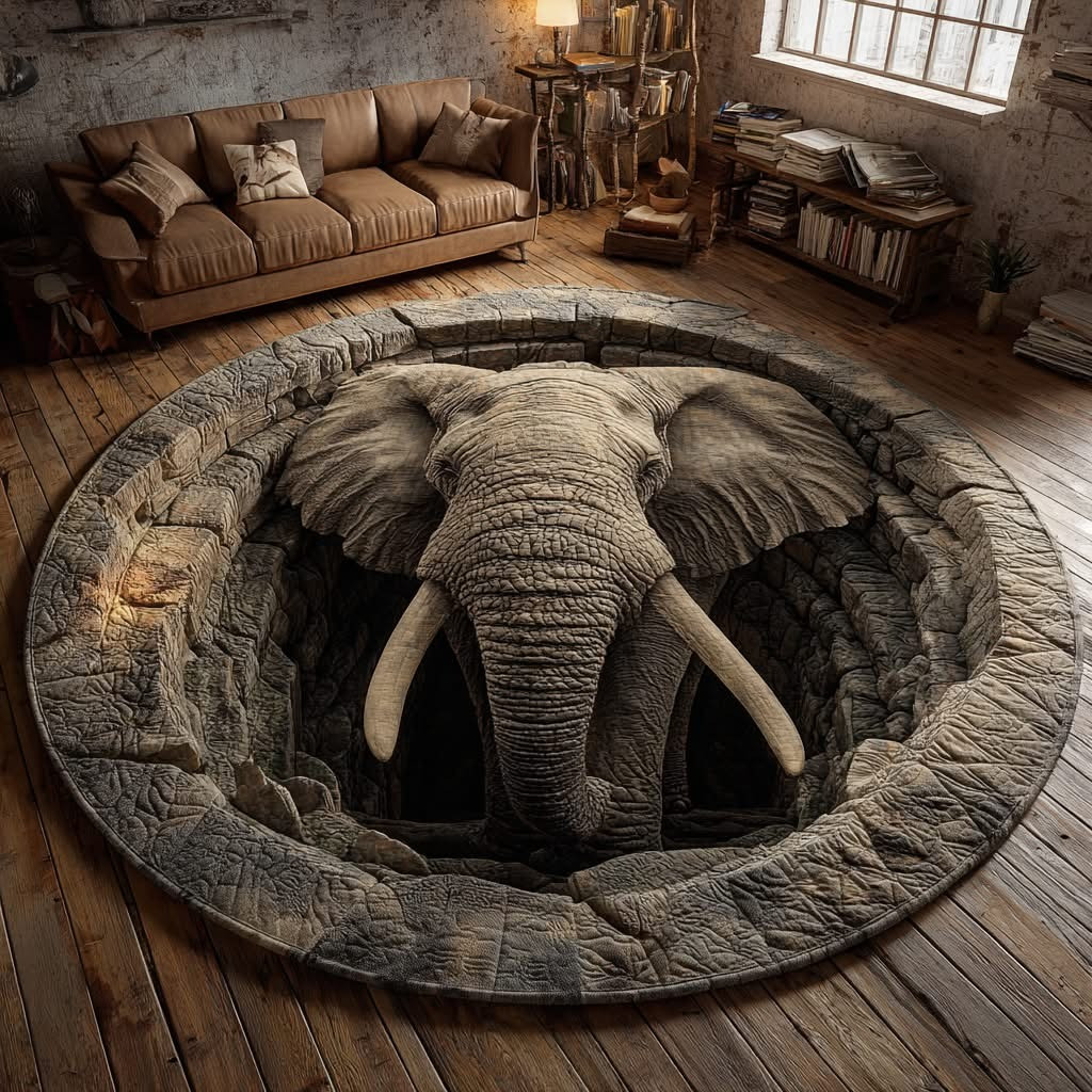 Elephant Emergence Quilted Round Mat Wild Animal Area Rug Unique Elephant Gifts