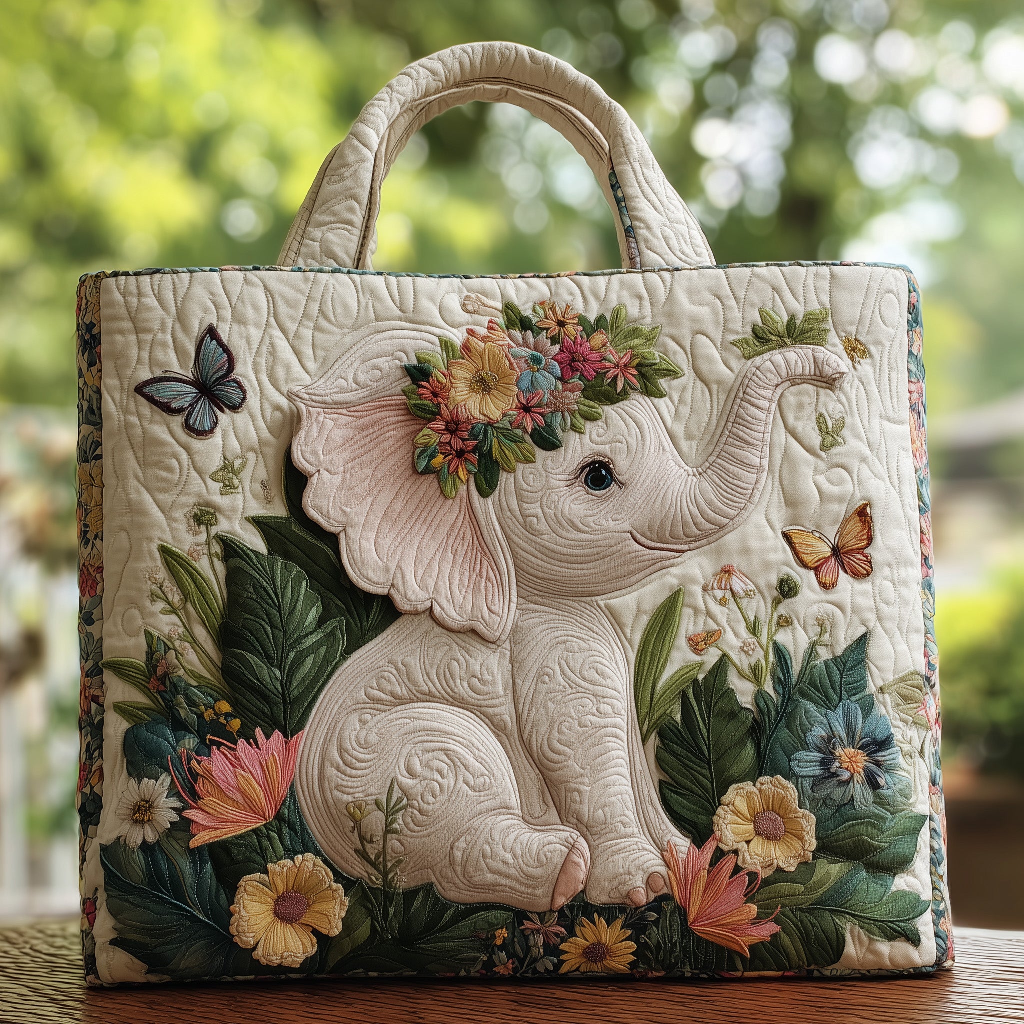 Elephant Quilted Tote Bag Cute Floral Shoulder Bags For Women Gifts For Elephant Lovers