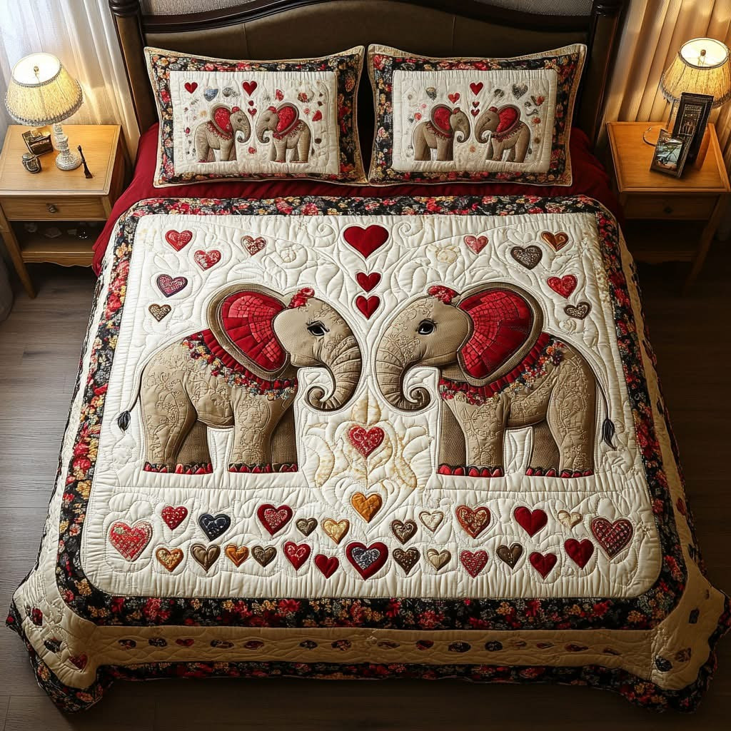 Elephant Romance Quilted Bedding Set Valentine Duvet Cover Set Gifts For Elephant Lovers