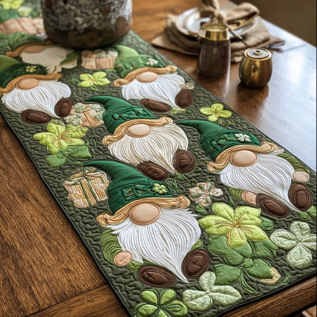 Emerald Gnome Quilted Table Runner St Patrick's Day Dining Room Decor Gifts For Irish