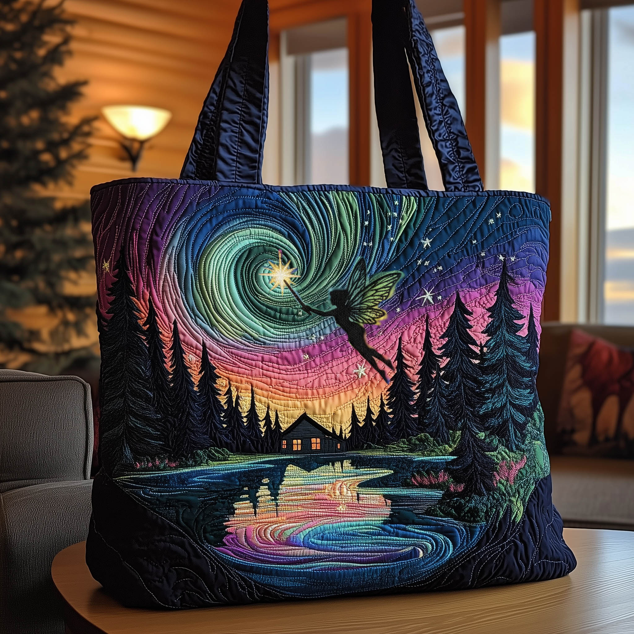 Fairy Aurora Borealis Quilted Tote Bag Forest Scene Handbag Birthday Gifts For Sisters
