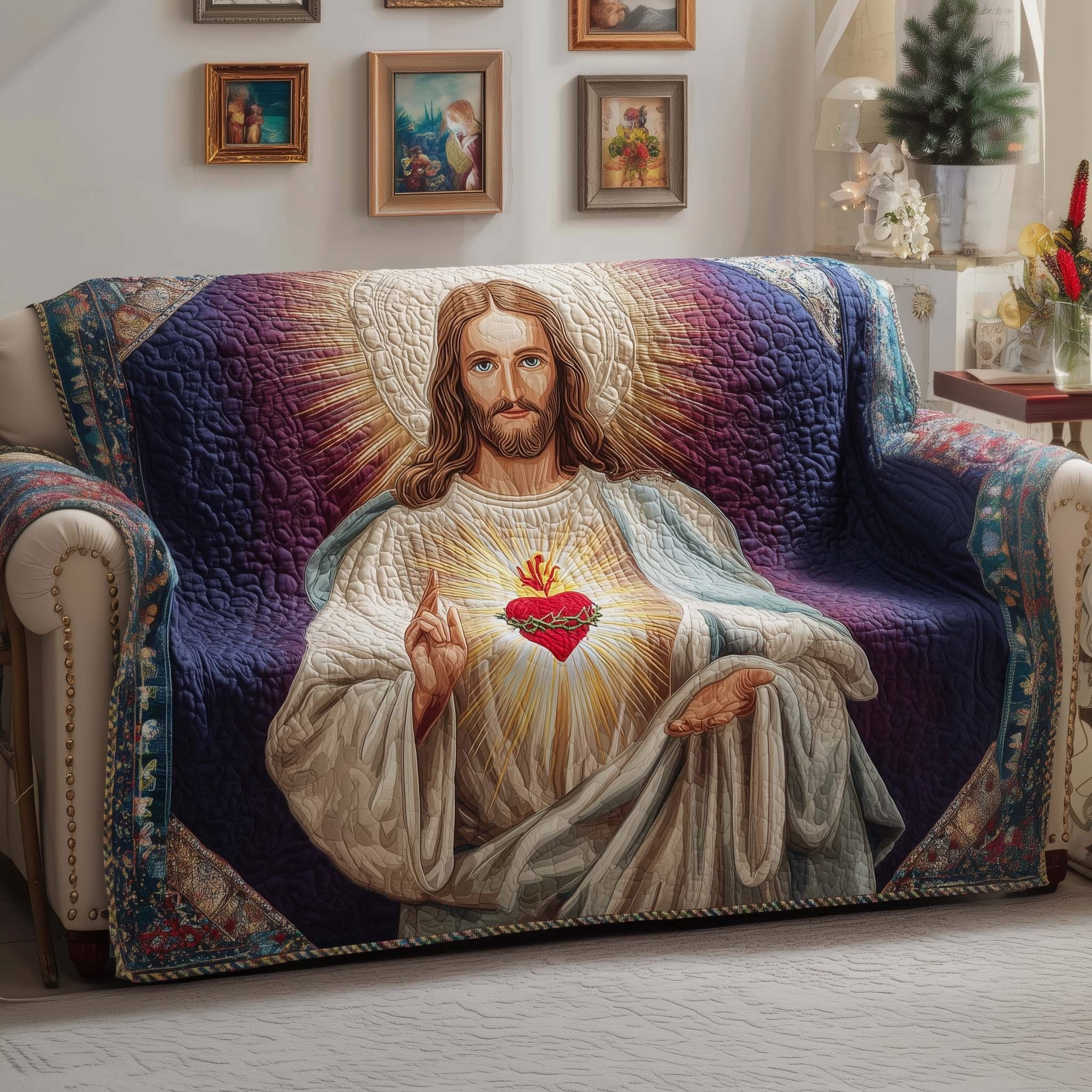 Faithful King Quilted Sofa Cover Sacred Heart Of Jesus Sofa Protector Gifts For Christian Mom