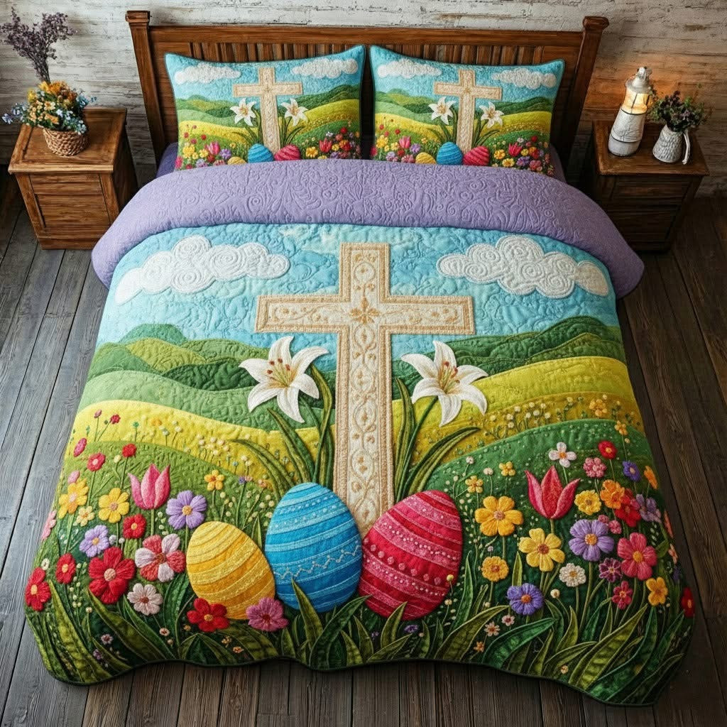 Faithful Sunrise Easter Quilted Bedding Set Holy Cross Egg Easter Bedspreads Christian Gifts